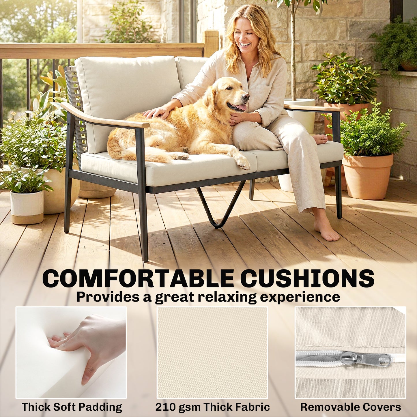 2 Seater Rattan Sofa, Outdoor Garden Sofa with Wood-Effect Armrests