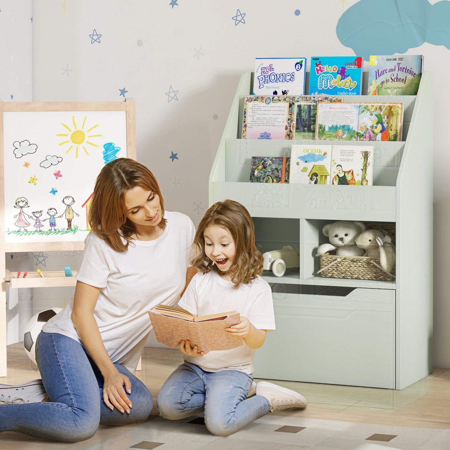 Kids Bookshelf, Toy Organiser, with Storage Drawer, Wheels