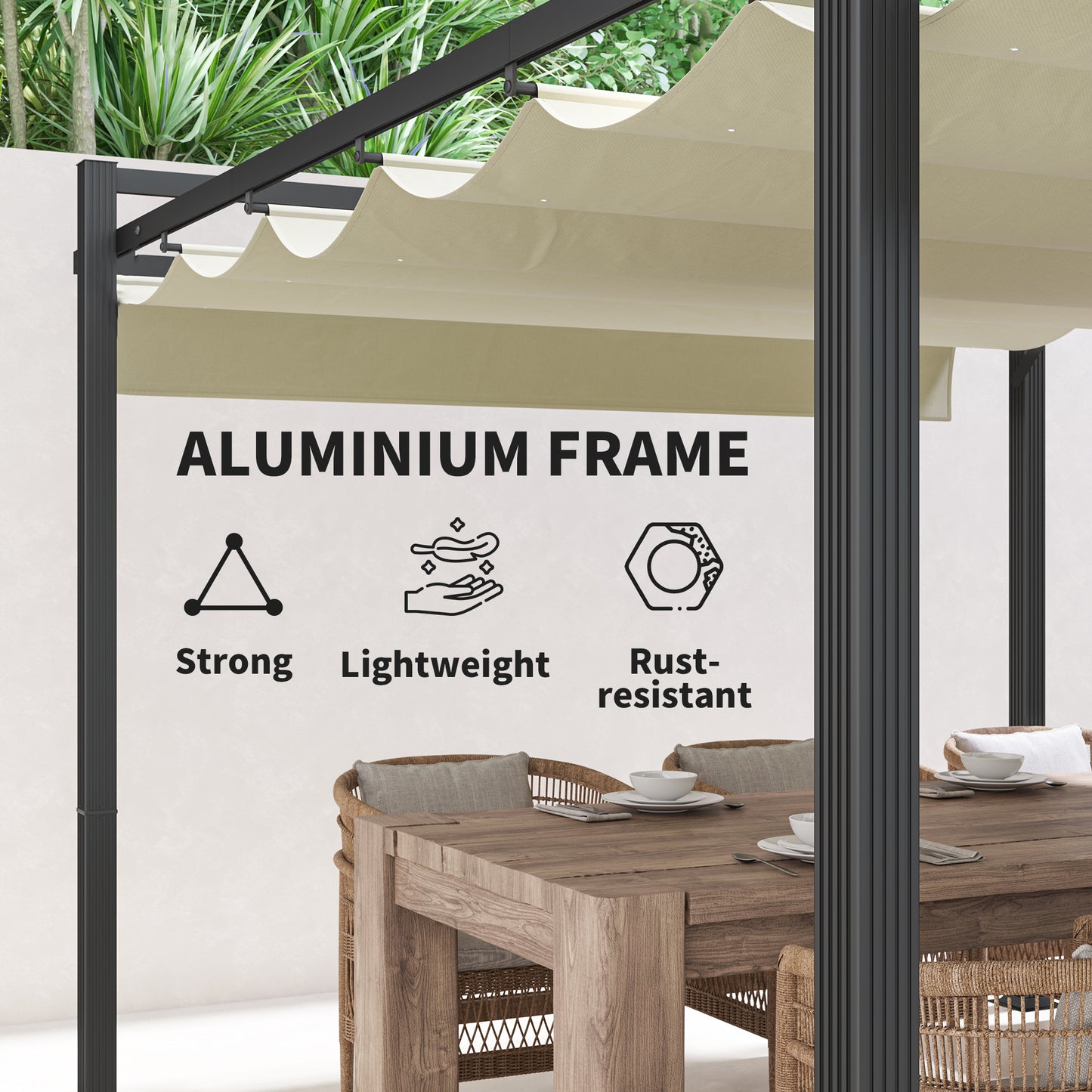3 x 4m Aluminium Pergola, with Retractable Roof - Grey/Khaki