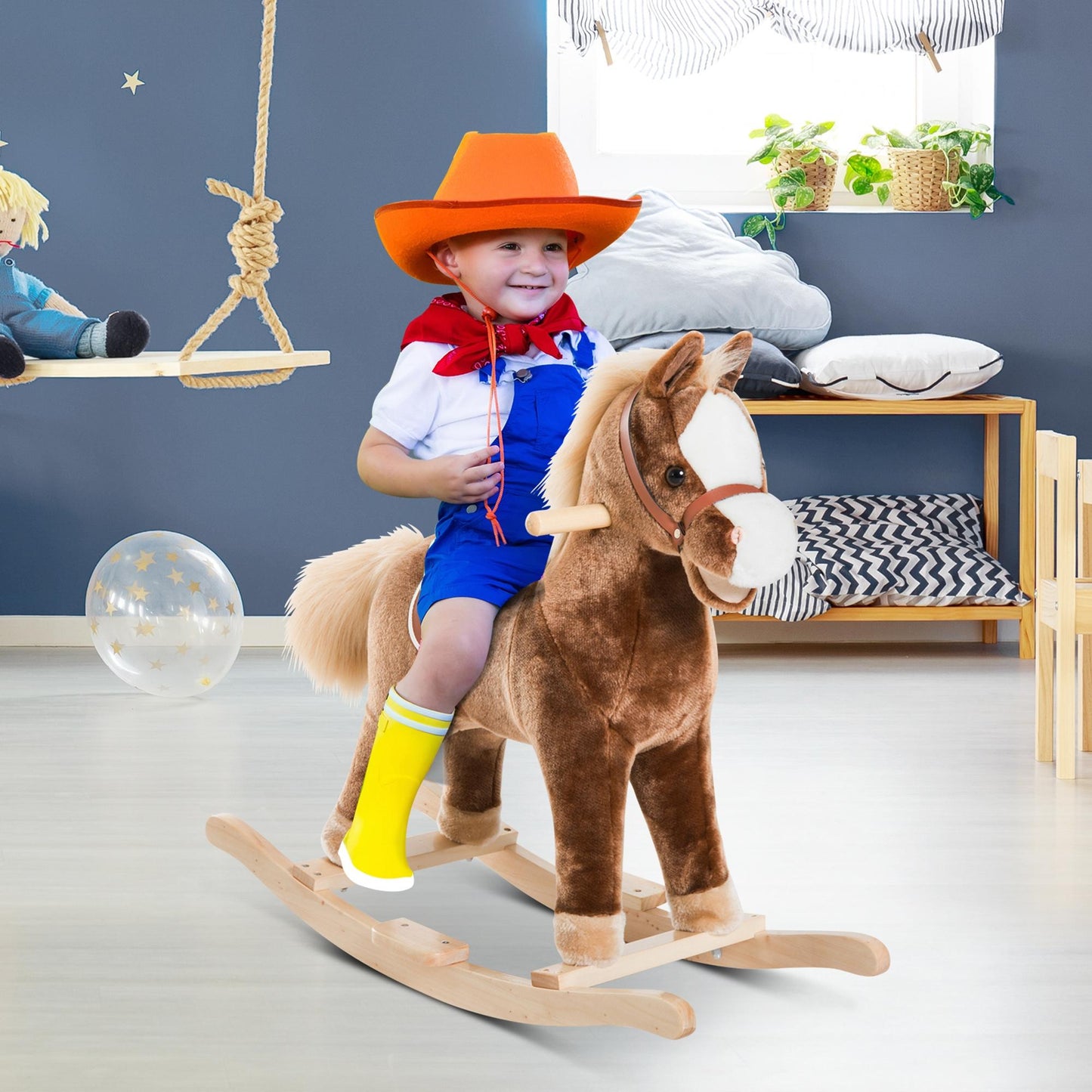 Kids Children Plush Rocking Horse Wooden Base Ride On Toy Rocker (1)