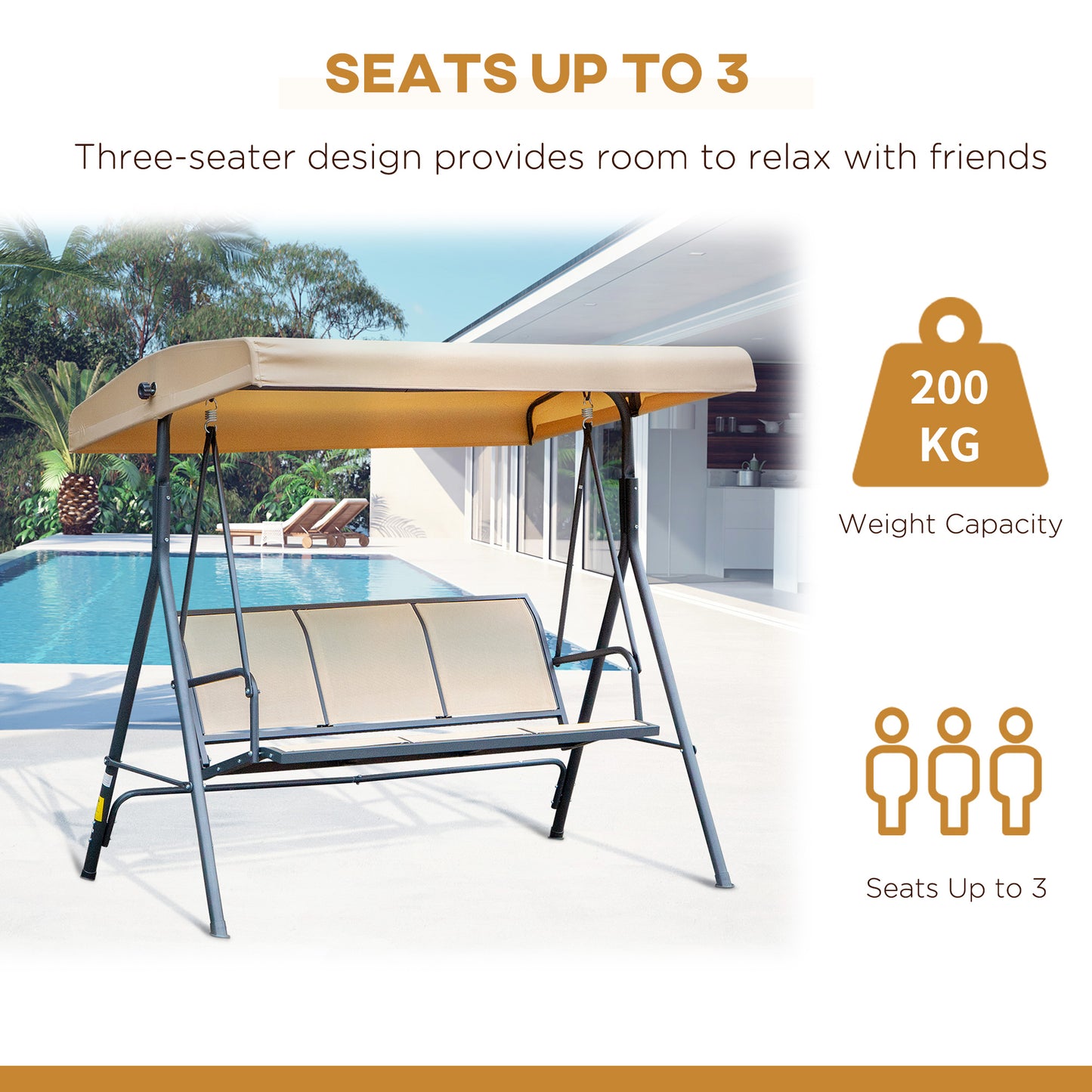 3 Seater Swing Chair, Garden Swing Bench with Canopy