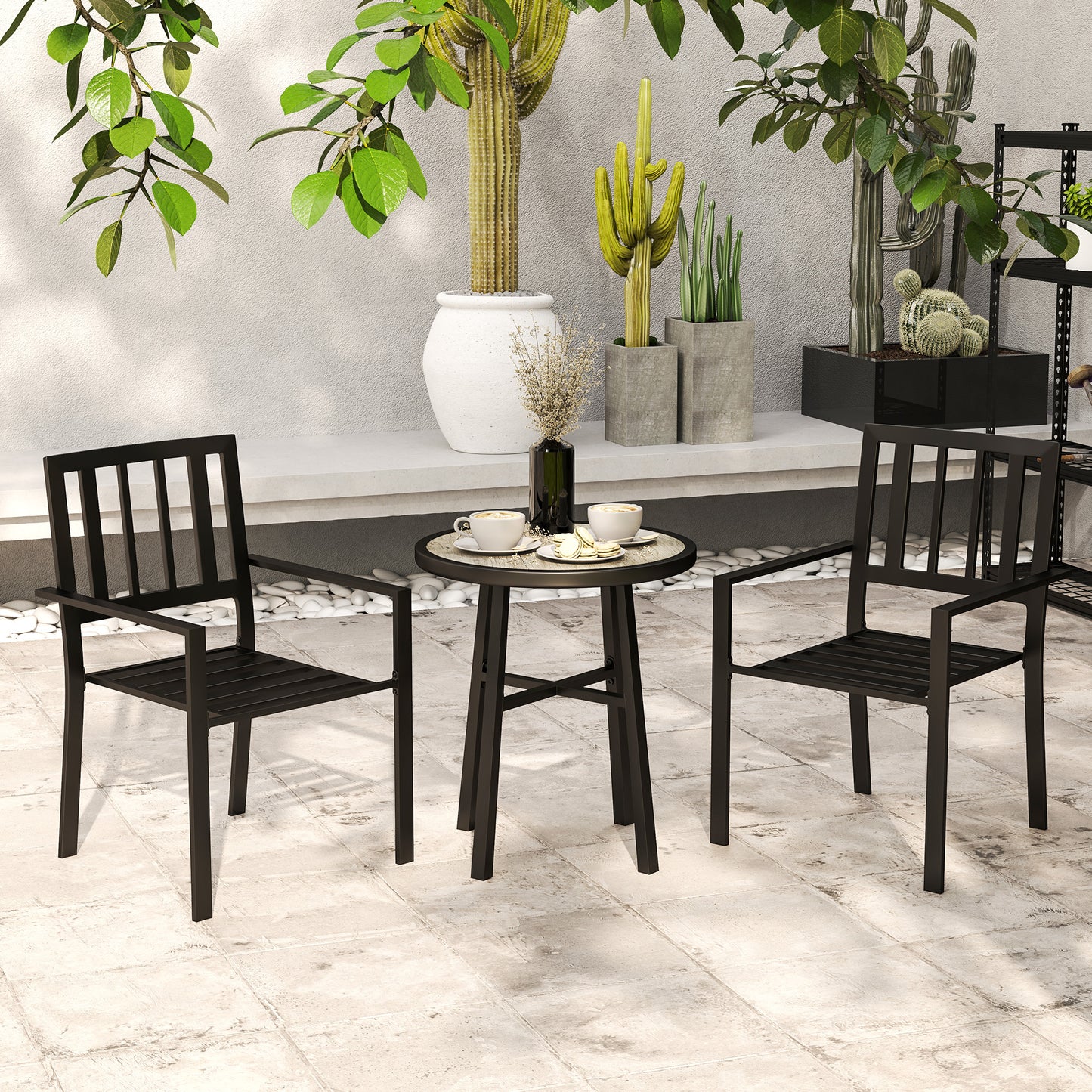 3 Piece Patio Bistro Set with Plastic Top, 2 Stackable Chairs