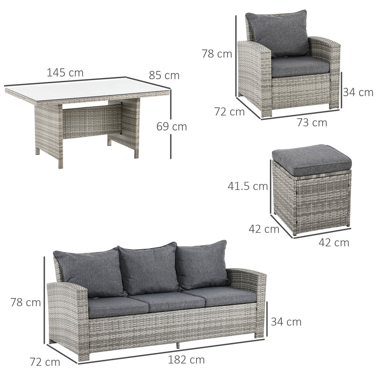 6 Pieces PE Rattan Garden Furniture Set with Three-seat