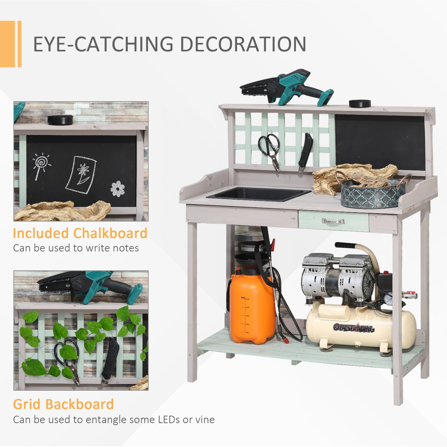 Garden Potting Table with Sink, Blackboard and Drawer