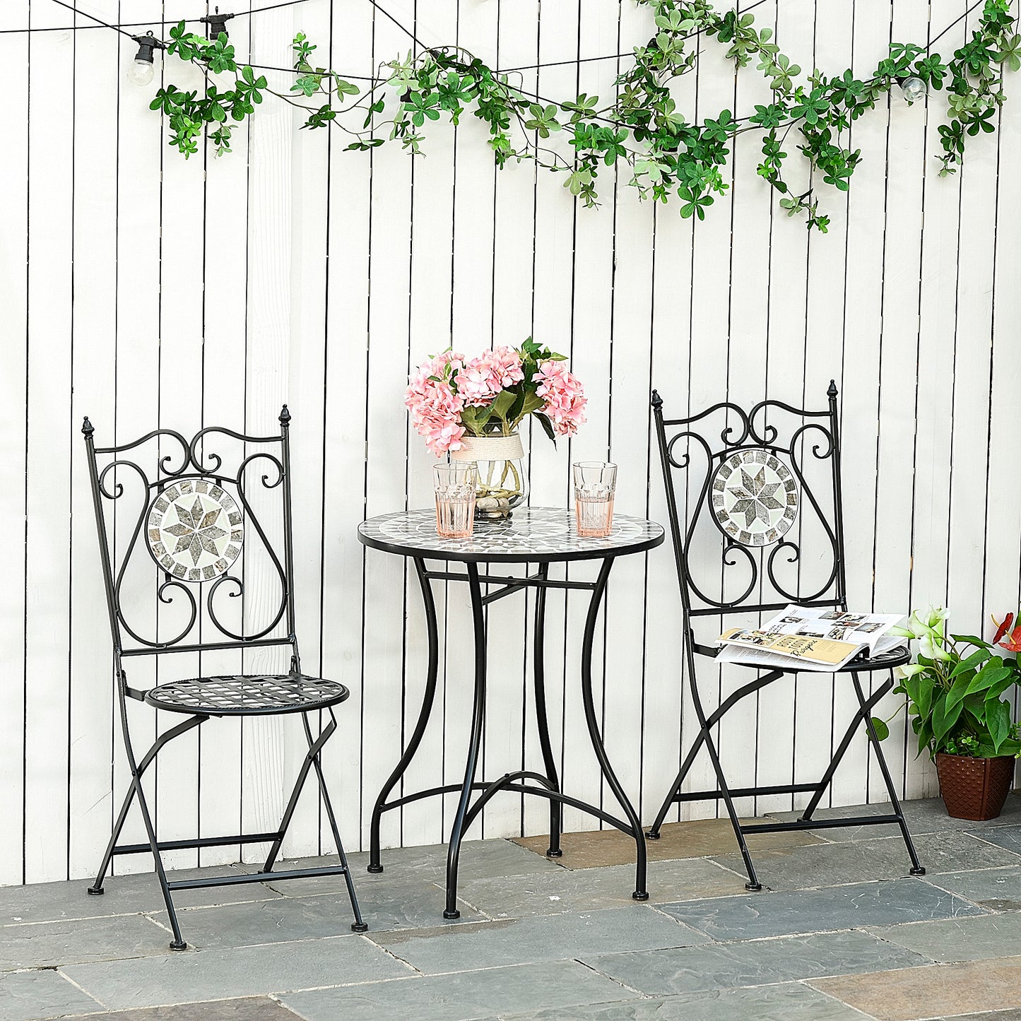 3 Pcs Mosaic Tile Garden Bistro Set Outdoor Seating w/ Table 2