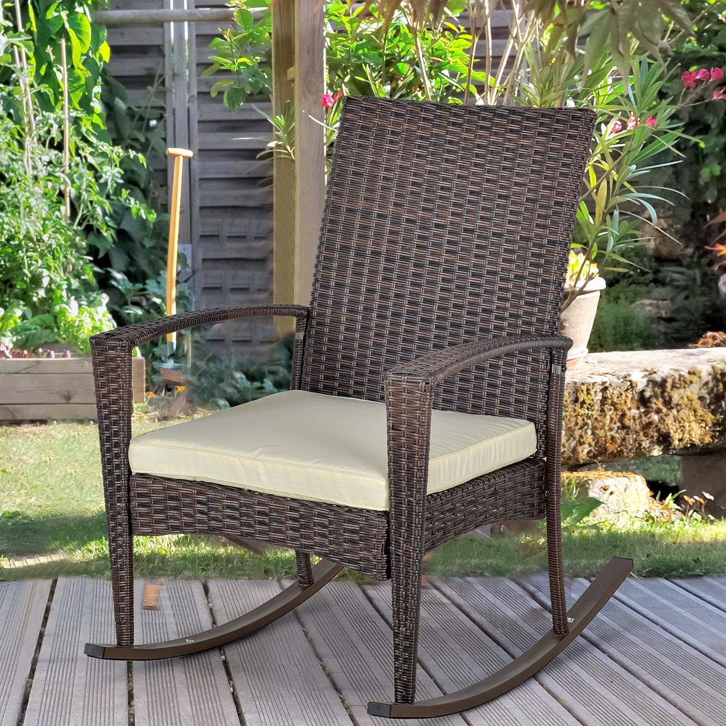 PE Rattan Garden Rocking Chair, Outdoor Rocking with Cushion