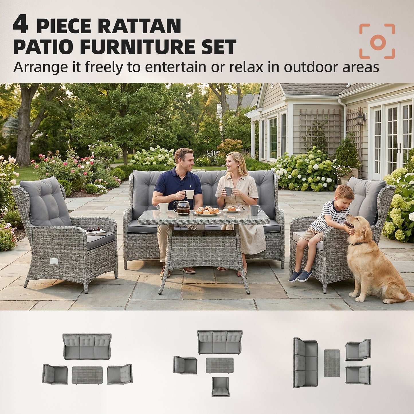 5 Seater Rattan Garden Furniture Set with Sofa, Reclining Chairs