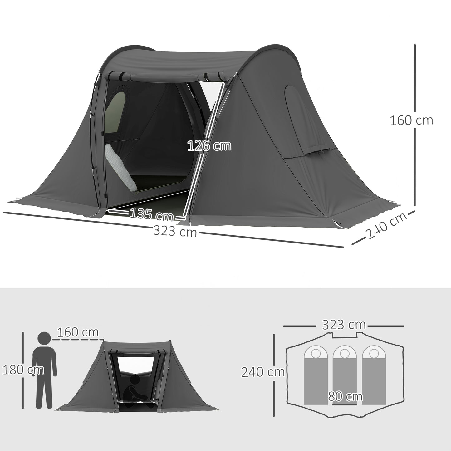 3 Man Camping Tent with Living Area and 2 Bedrooms