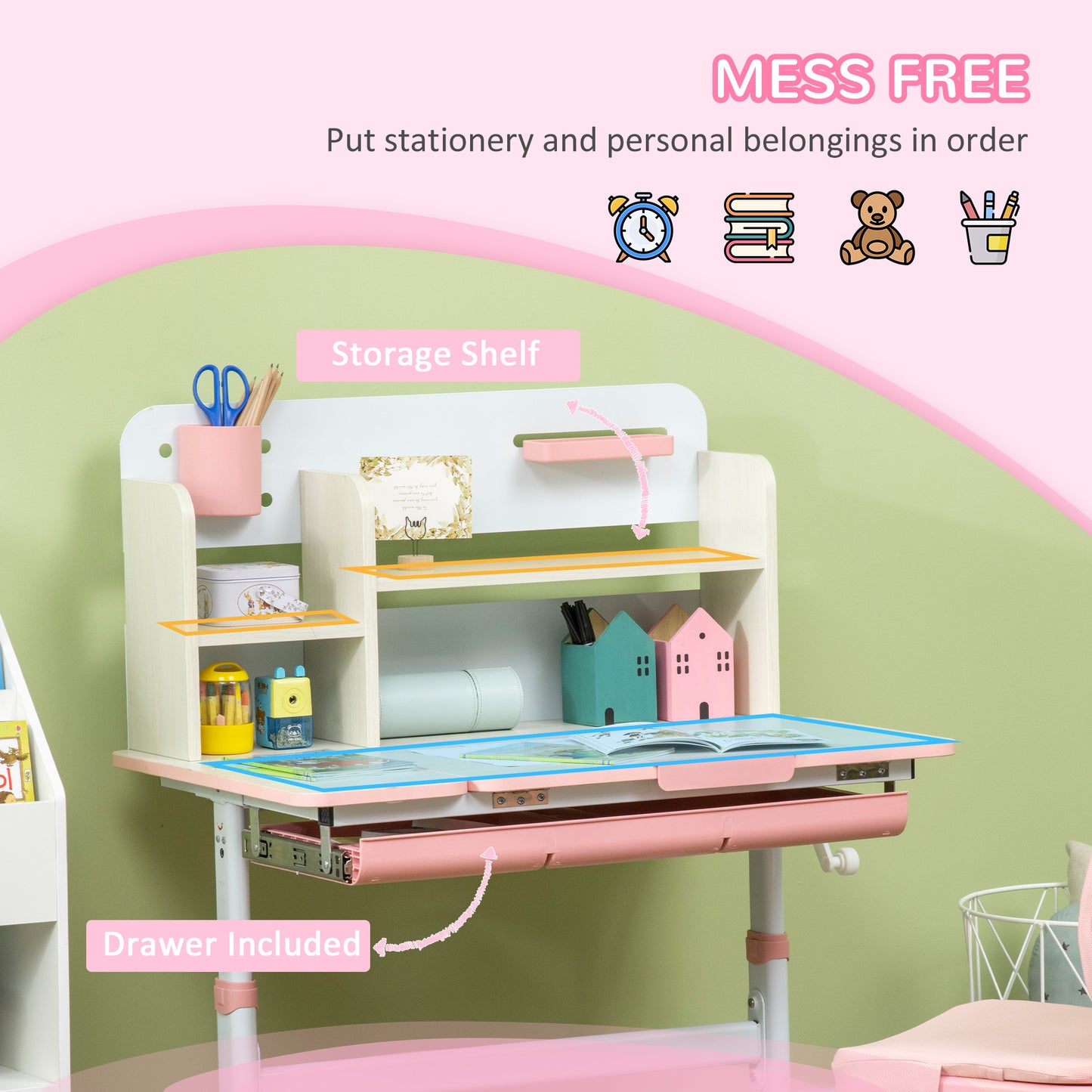 Kids Desk and Chair Set, with Storage Shelves, Washable Cover