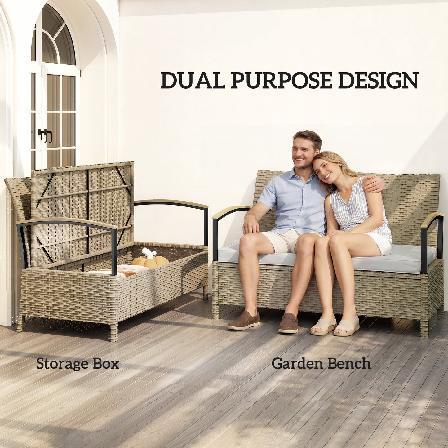 125L Garden Storage Bench, 2 Seater PE Rattan Outdoor Bench Storage