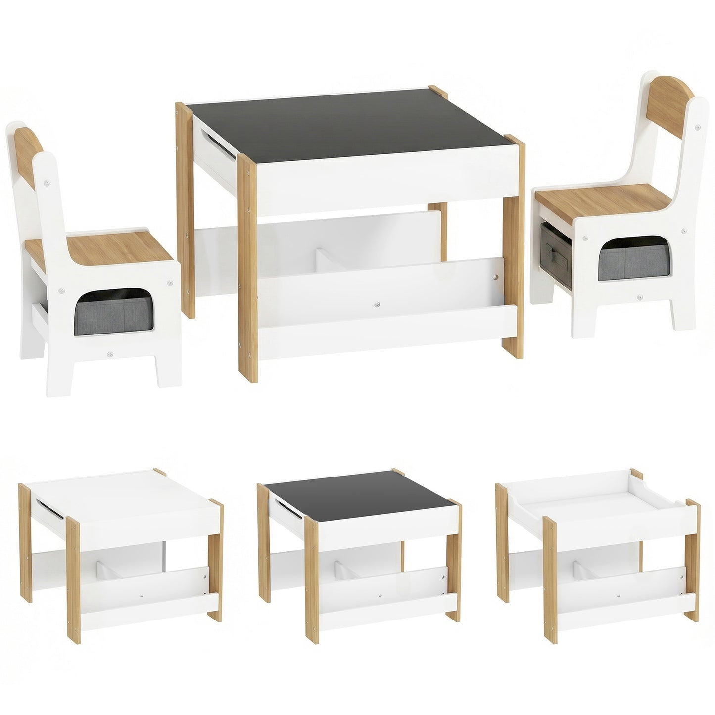 Three-Piece Kids Table and Chair Set with Blackboard, Storage