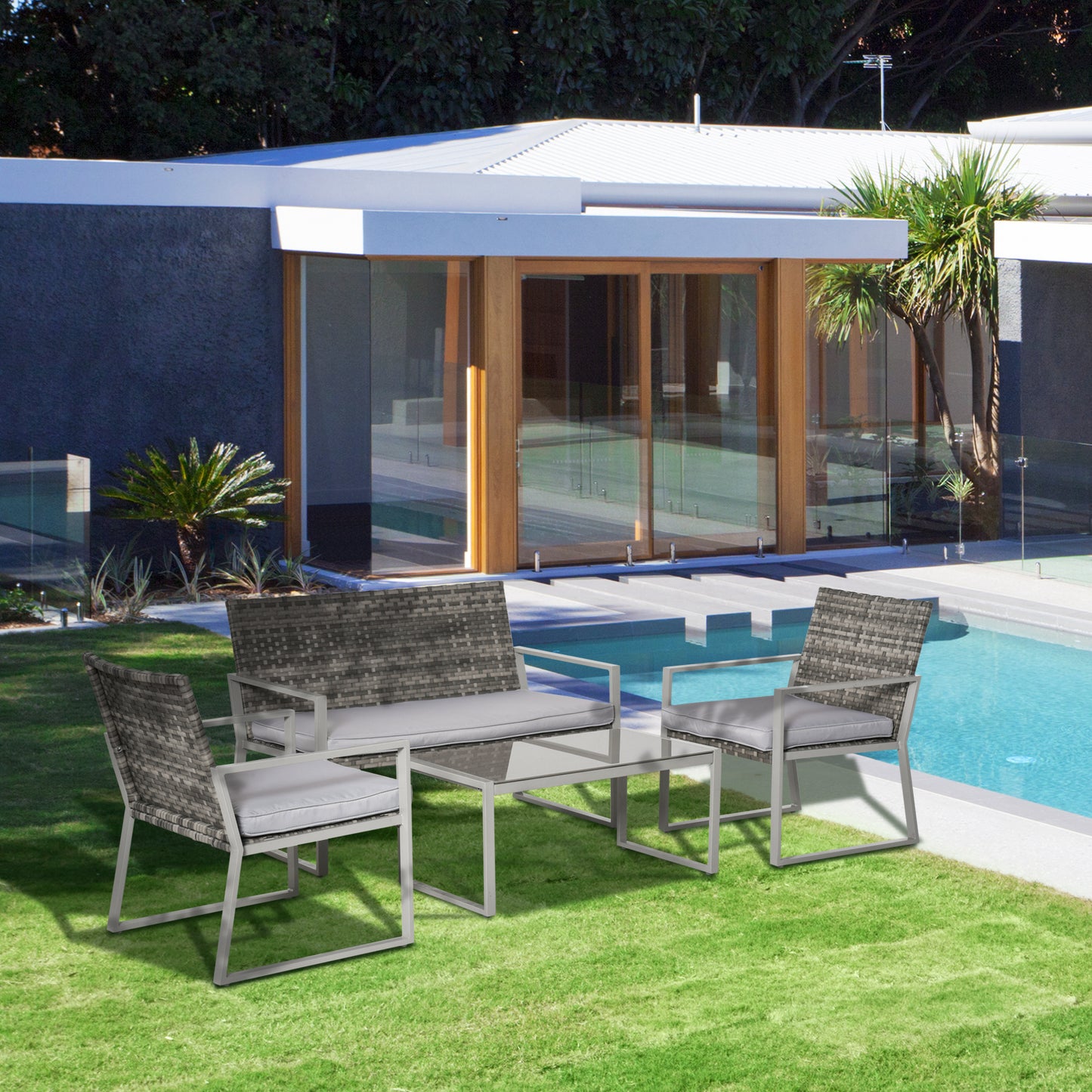 4PC Rattan Garden Furniture Set 2 Single Sofa Arm Chairs 1 Bench