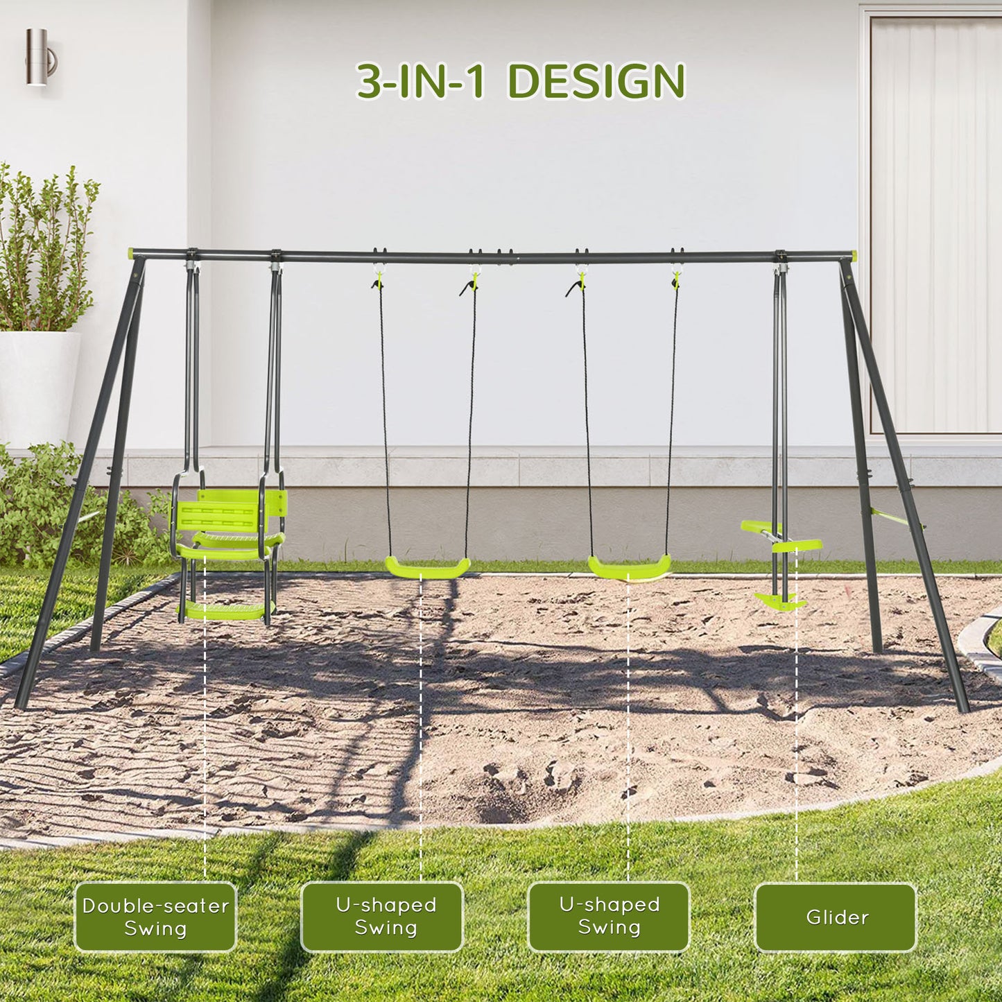 Metal Garden Swing Set with Double Swings, Glider, Swing Seats
