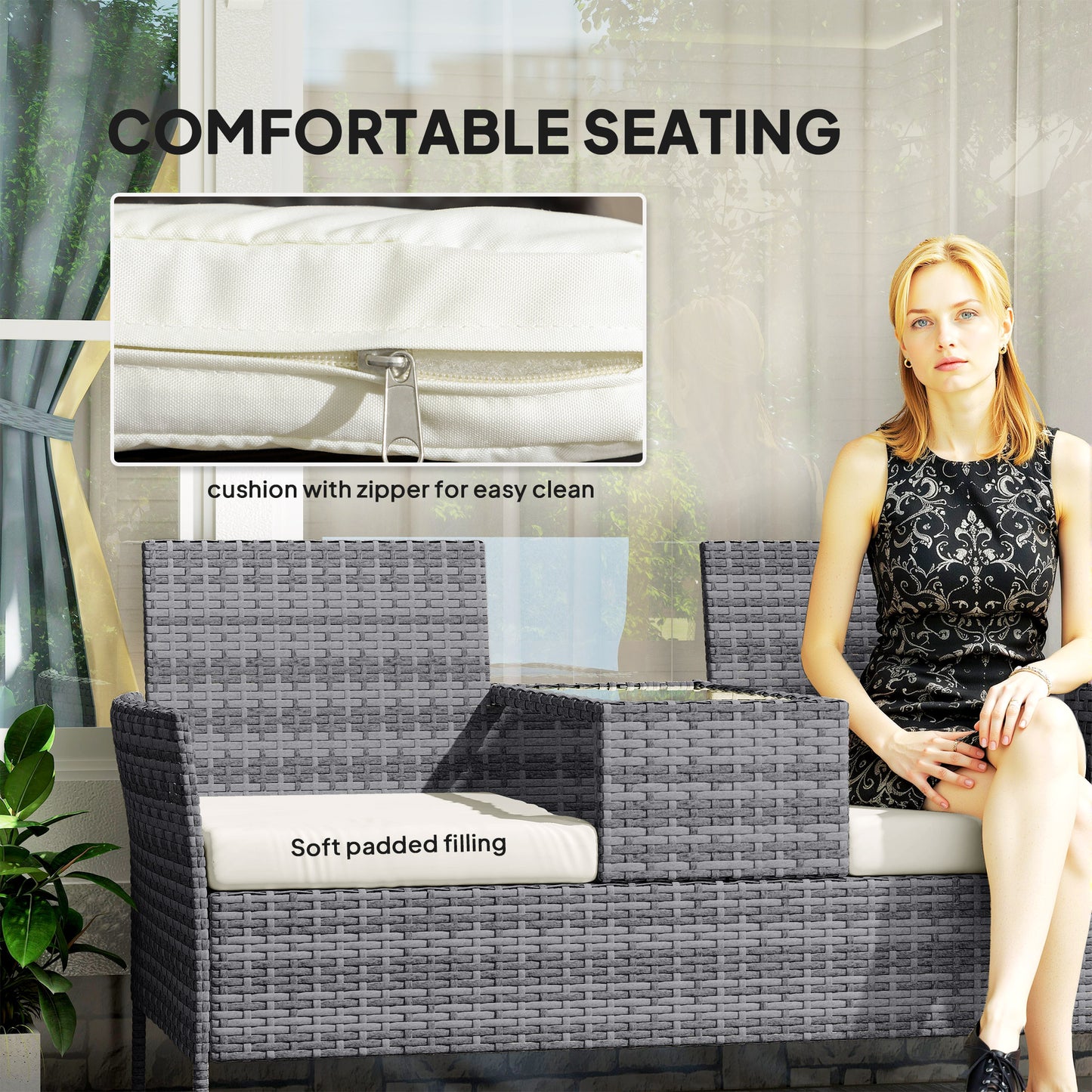 Two-Seat Rattan Chair, with Middle Table
