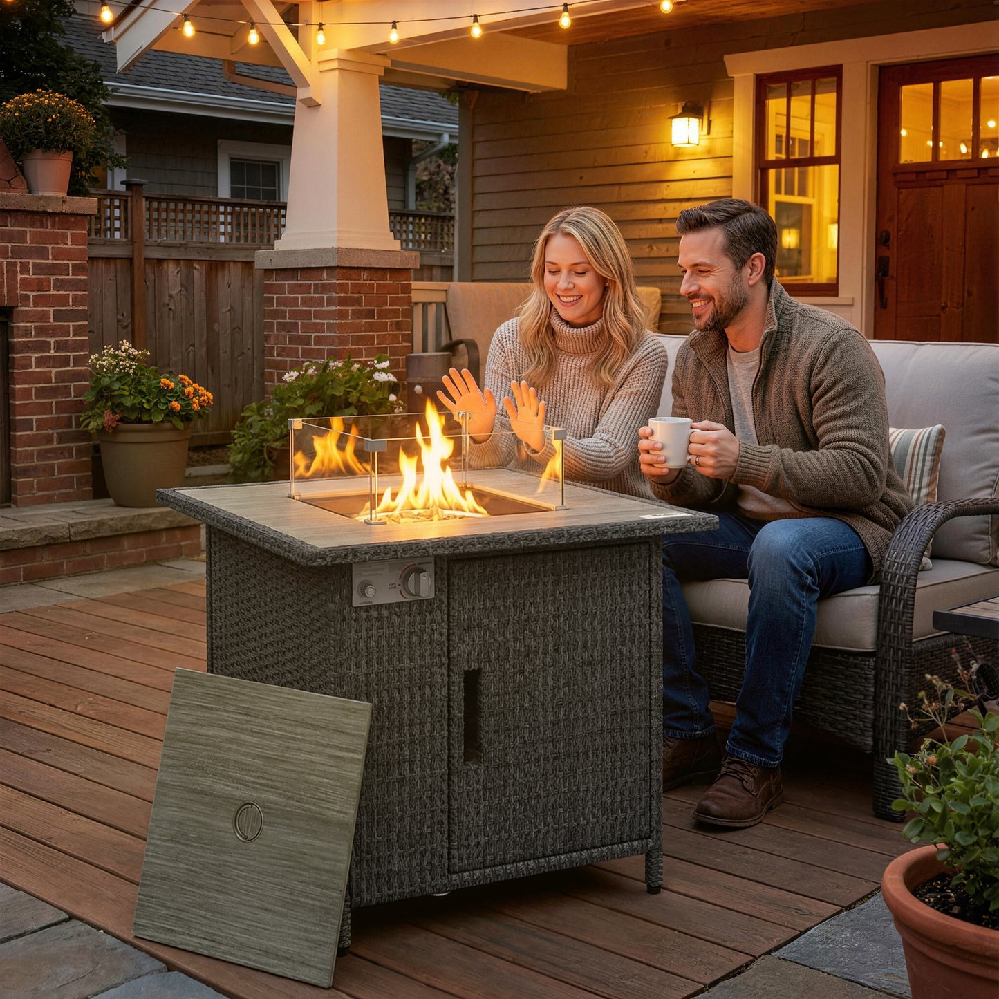 14.5 KW Rattan Gas Fire Pit Dining Table with Rain Cover, Wind Guard