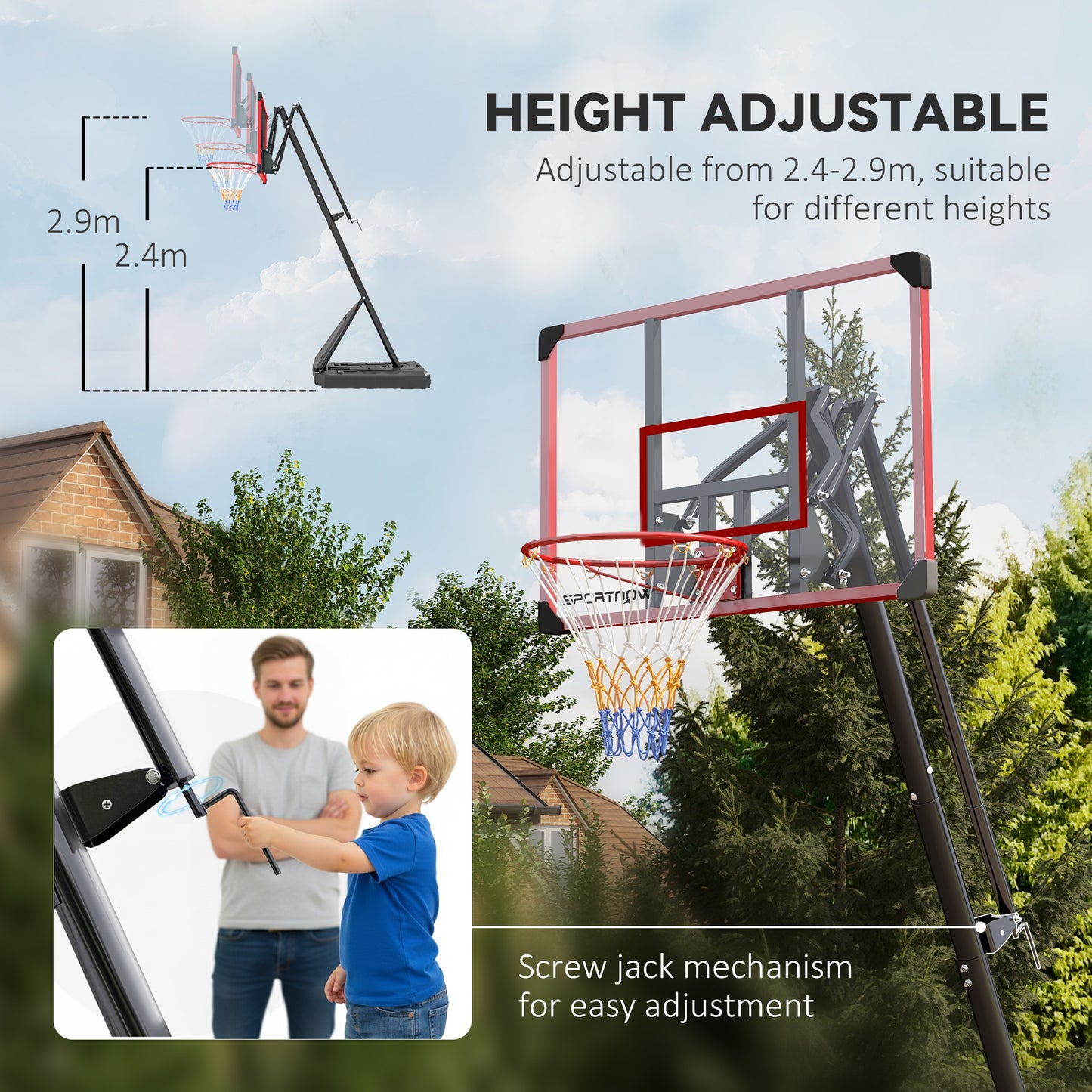 2.4-2.9m Adjustable Basketball Hoop and Stand with Weighted Base