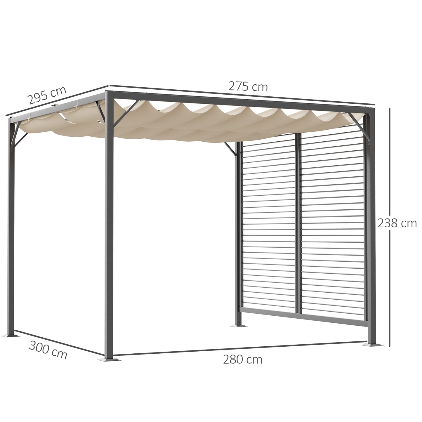 3 x 2.8m Metal Pergola, with Retractable Fabric Roof