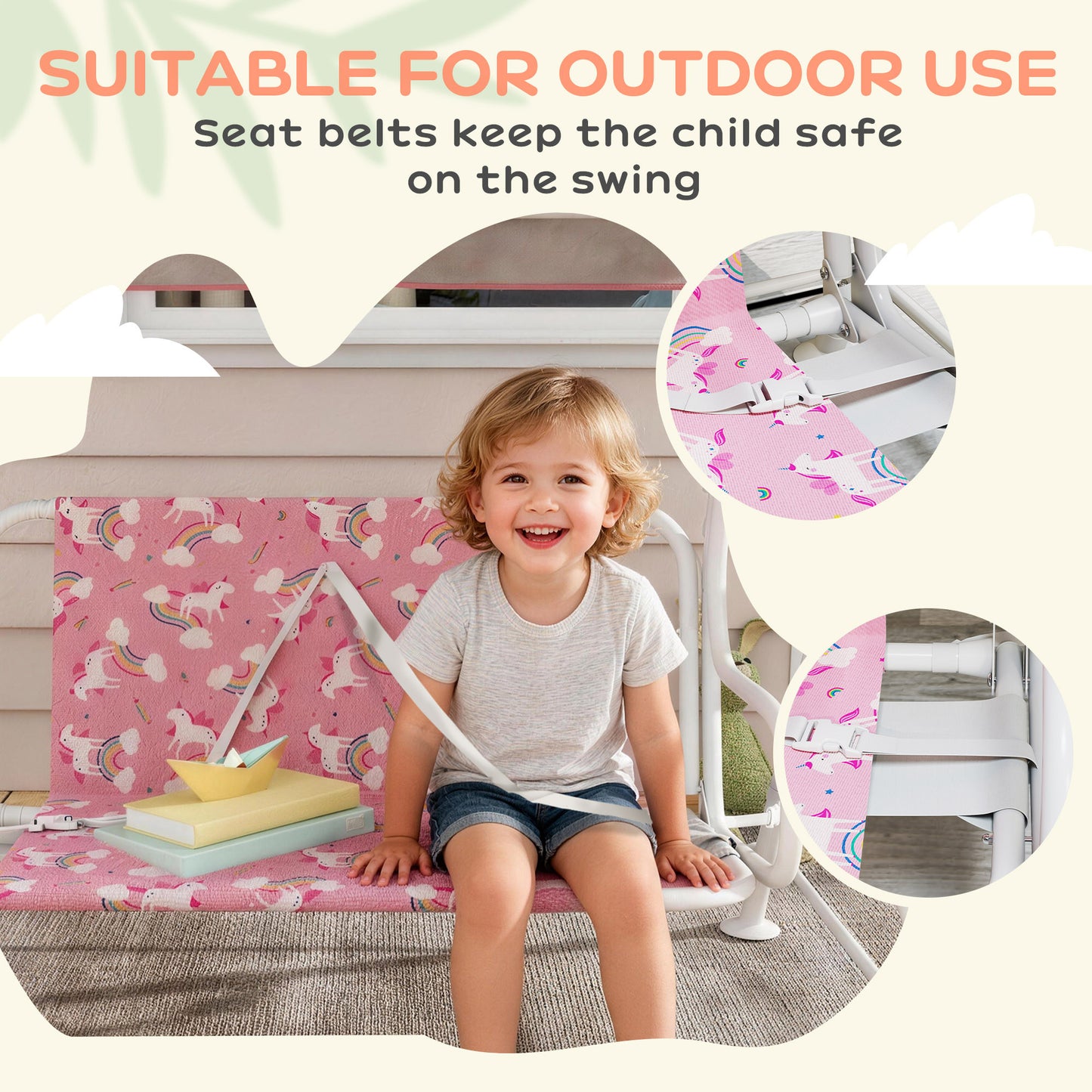 Kids Porch Swing, 2-Seater Patio Swing Bench Hammock with Seat Belts