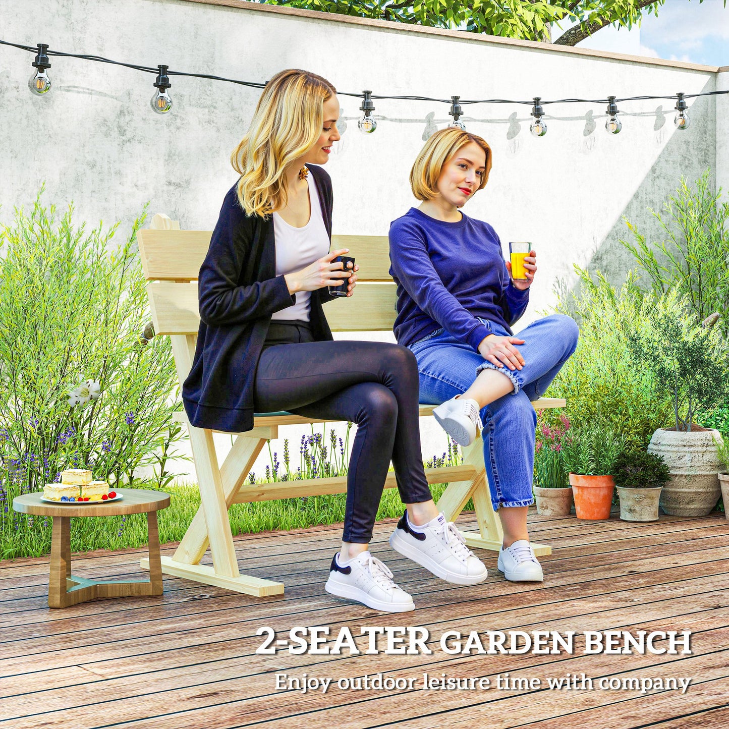 2 Seater Wooden Garden Bench, Fir Wood Outdoor Bench