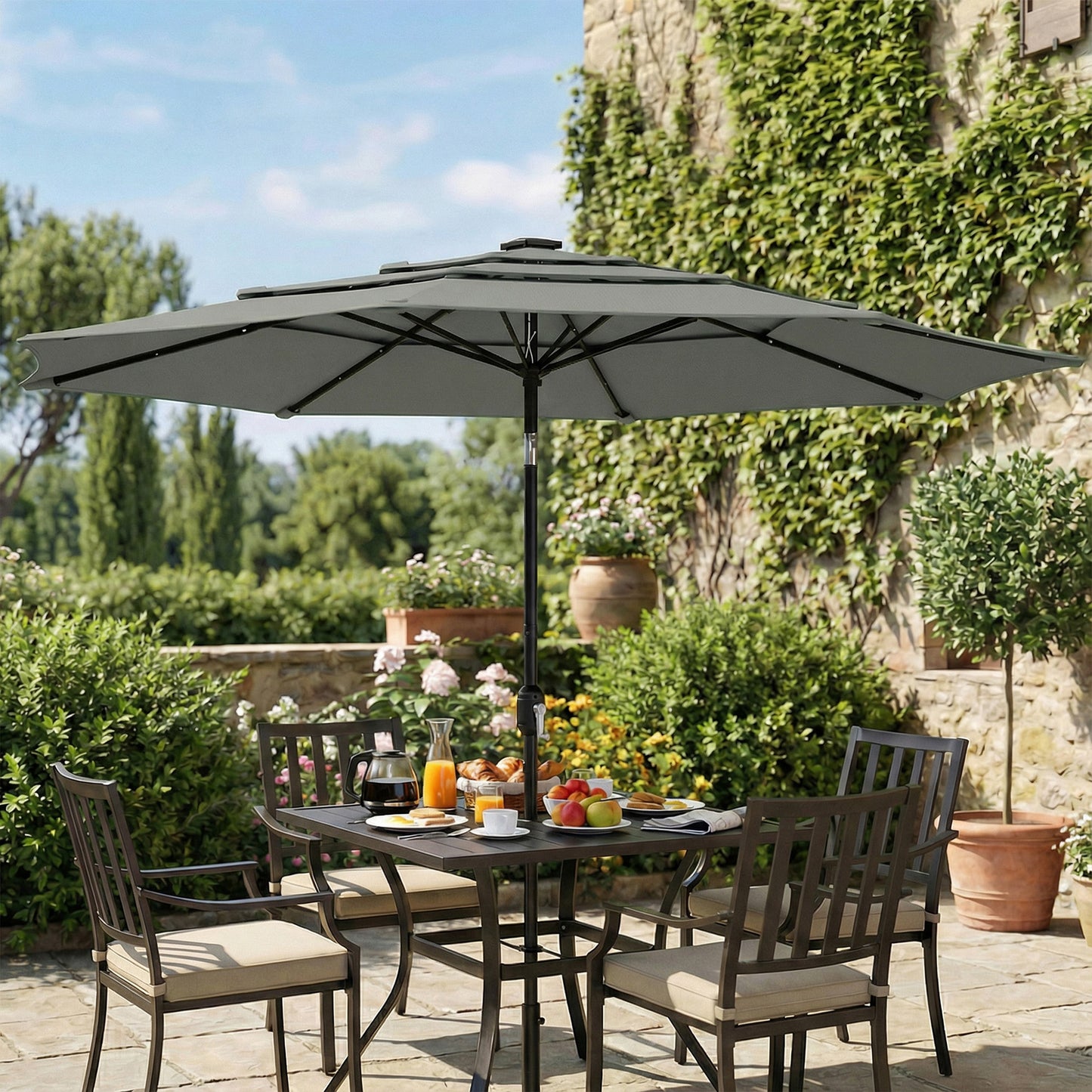 Garden Parasol, Parasol Umbrella with 3-tier Roof, Crank Handle