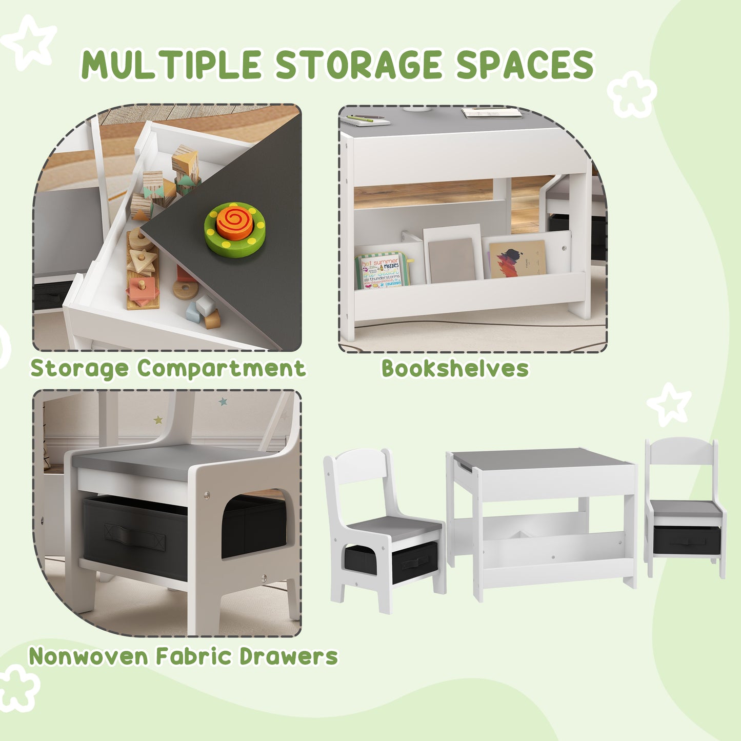 Three-Piece Kids Table and Chair Set with Blackboard, Storage
