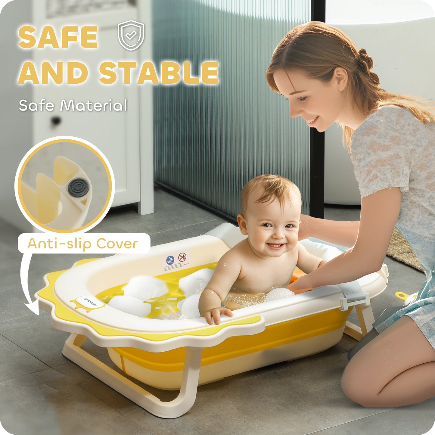 Foldable Baby Bath Tub Set with Bath Cushion, Wash Basin