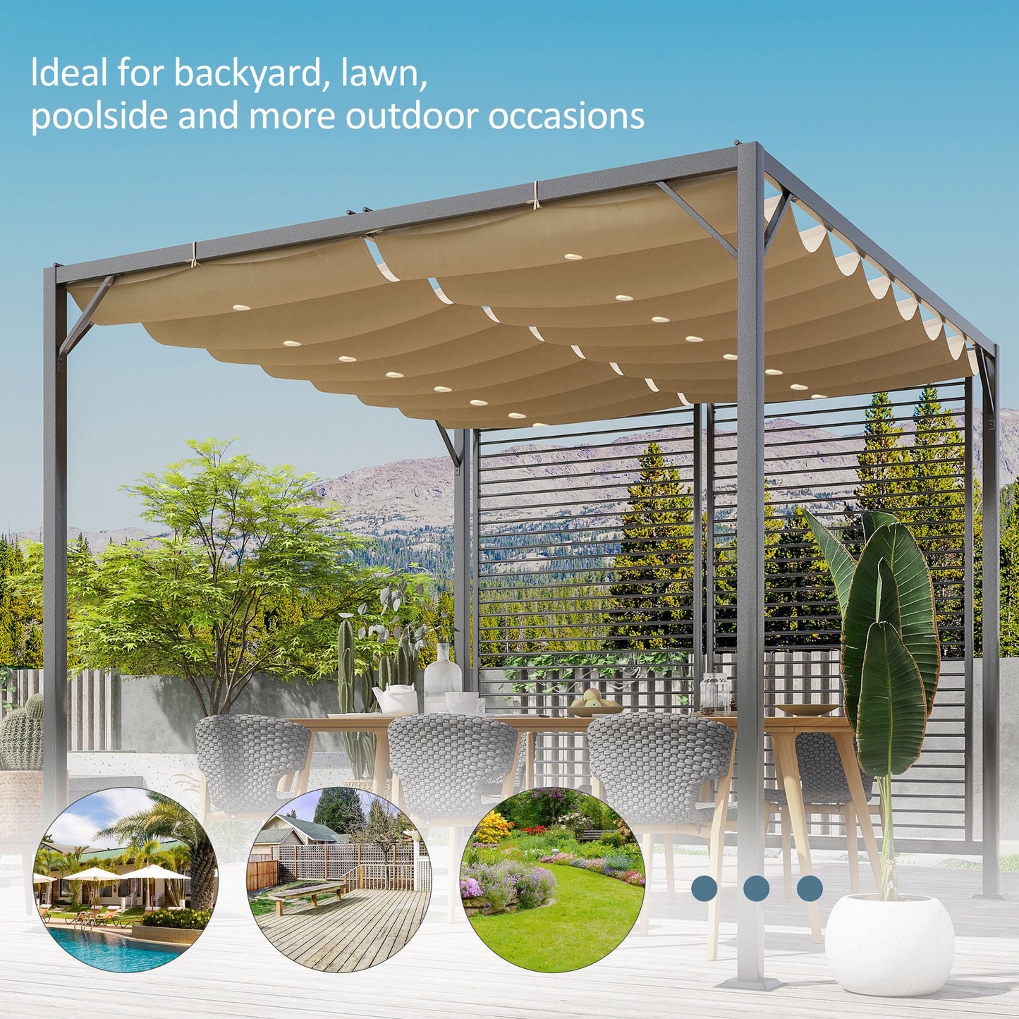3 x 2.8m Metal Pergola, with Retractable Fabric Roof