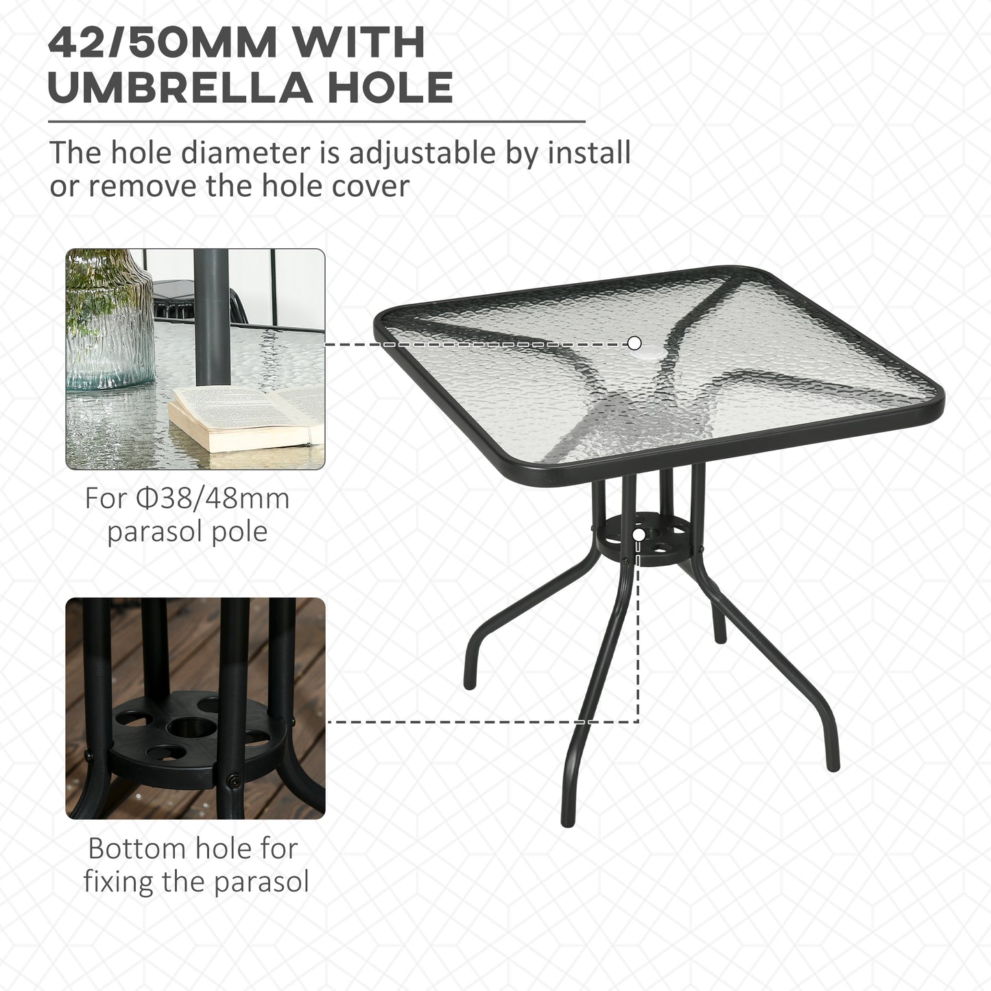 Square Garden Dining Table with Tempered Glass Top & Umbrella Hole