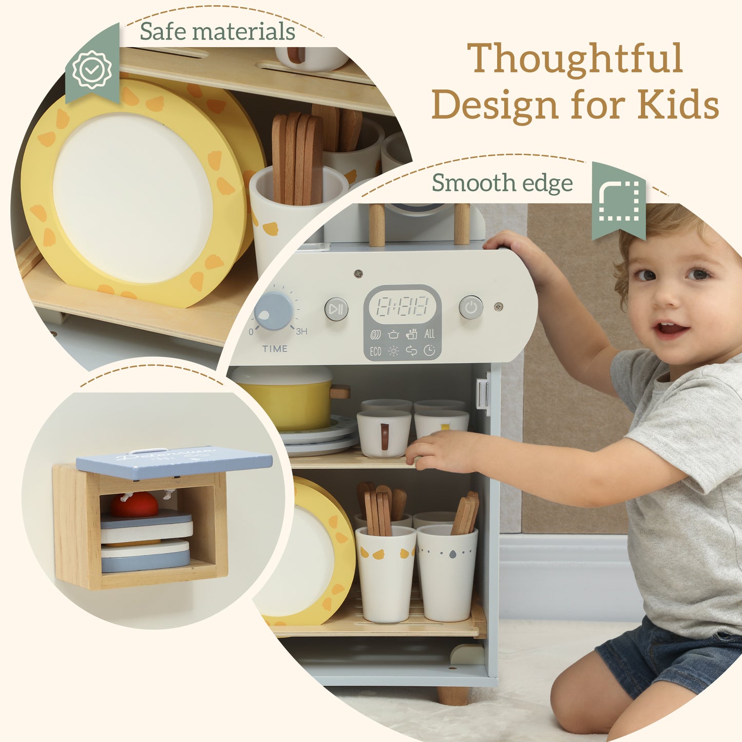 Wooden Dishwasher Playset, Kitchen Sink Toys with Faucet