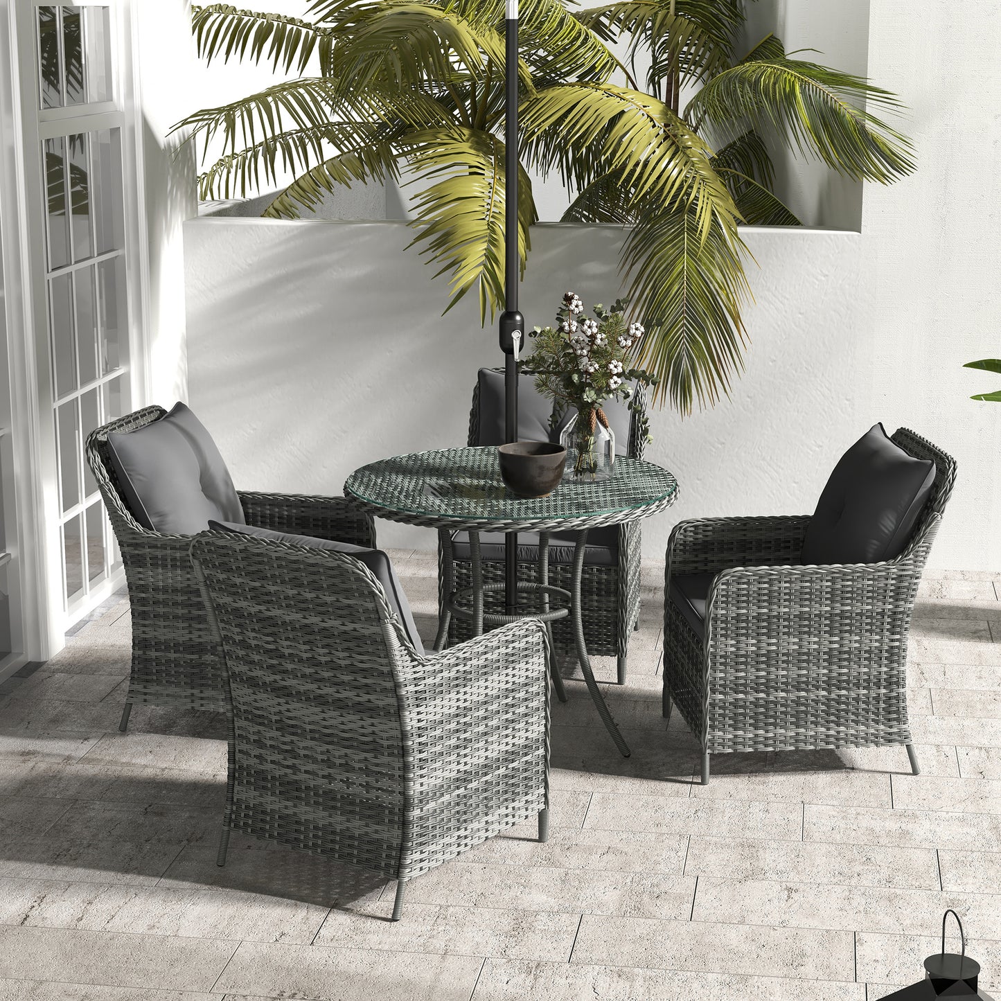4 Seater Rattan Dining Set with Parasol & Cushions