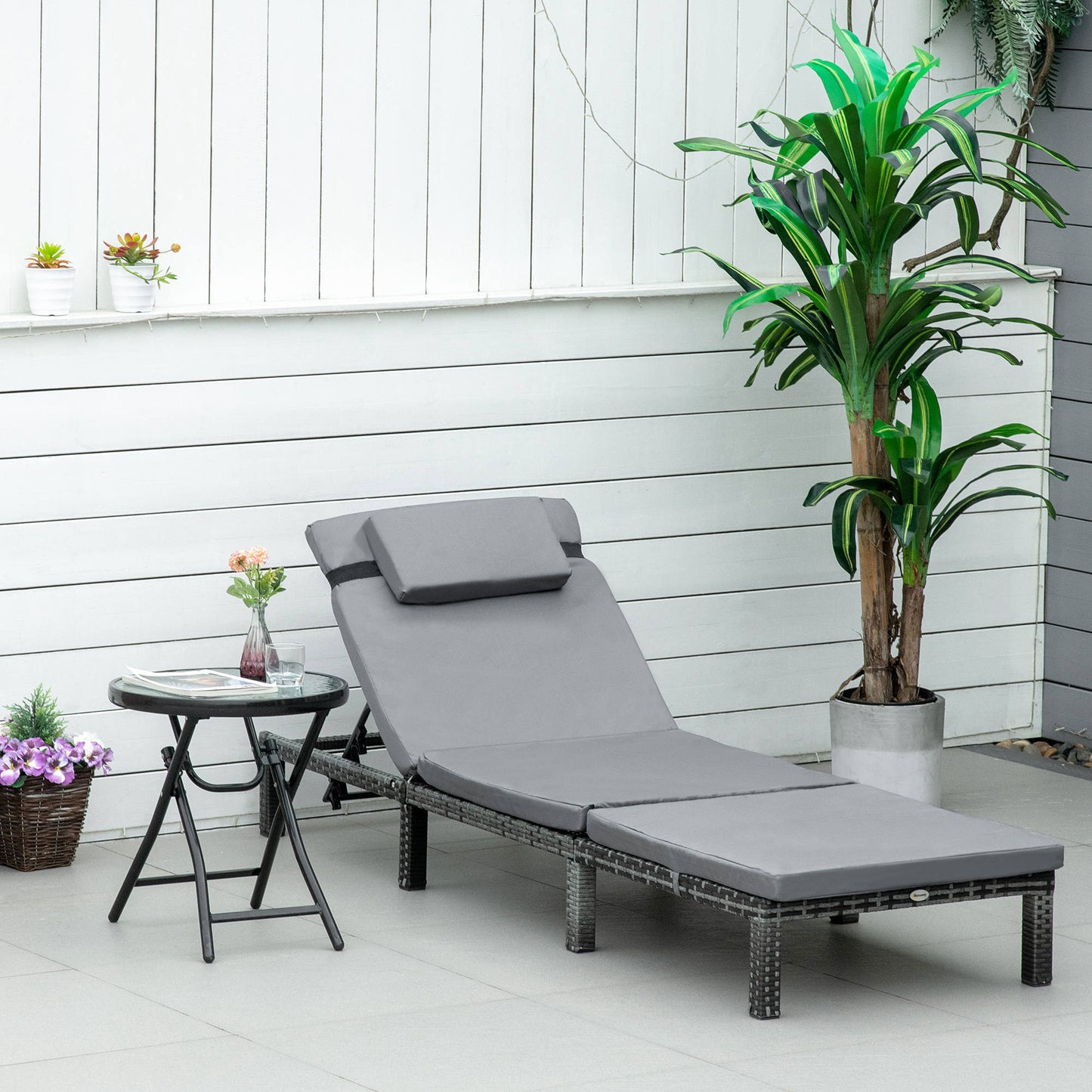 Rattan Sun Lounger, 5-Level Adjustable Garden Lounger Recliner