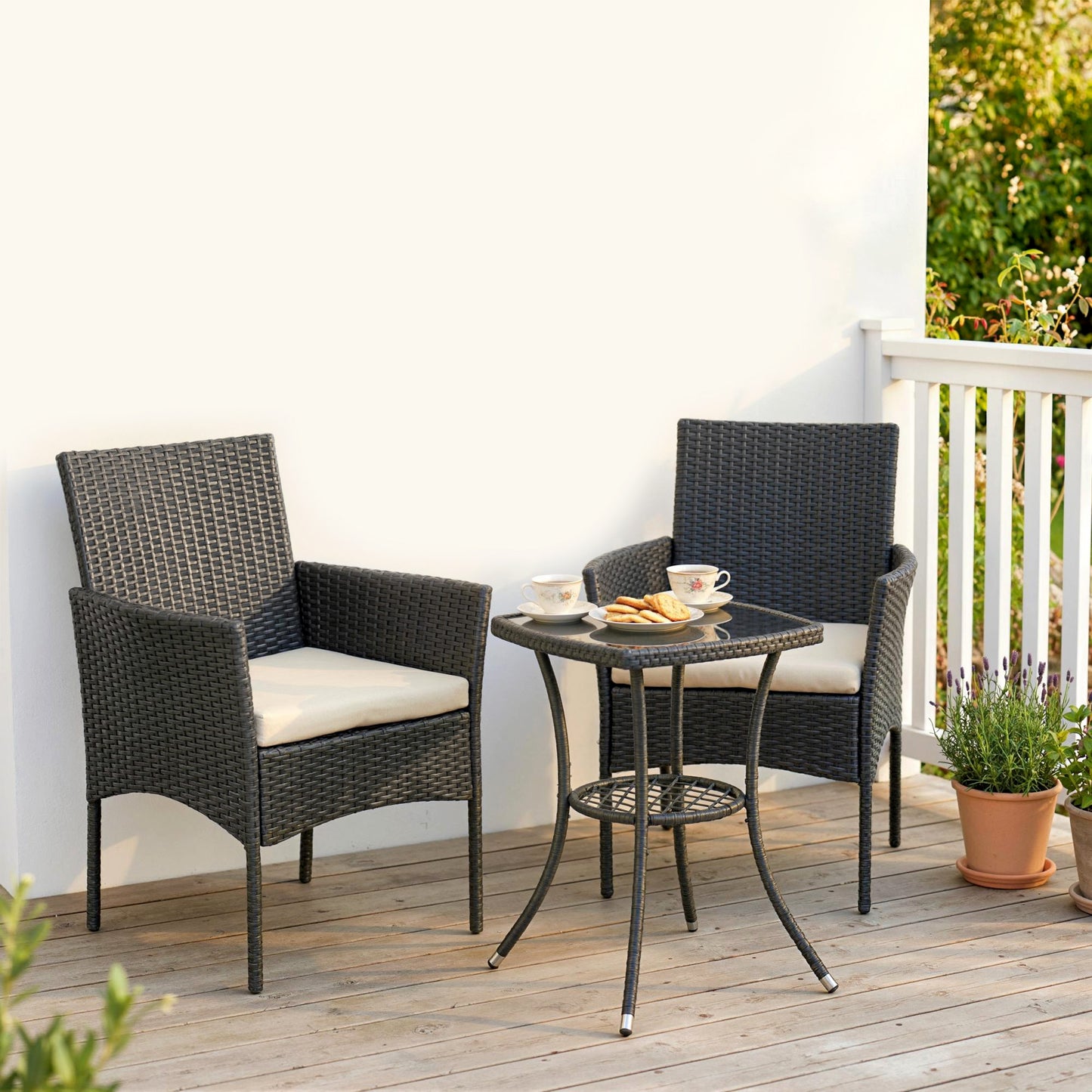 3 Piece Rattan Bistro Set, PE Wicker Garden Furniture Conversation