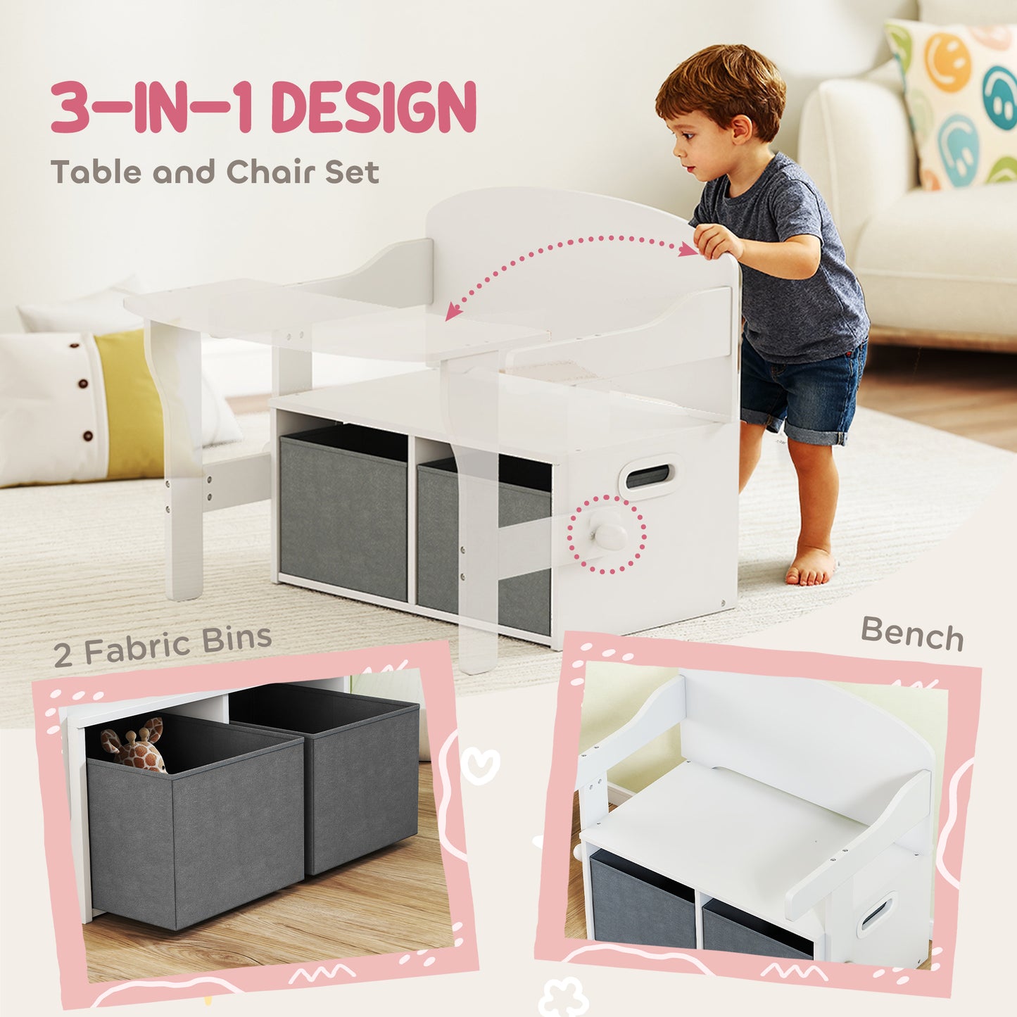 3 in 1 Kids Storage Bench, Convertible Children Table and Chair Set
