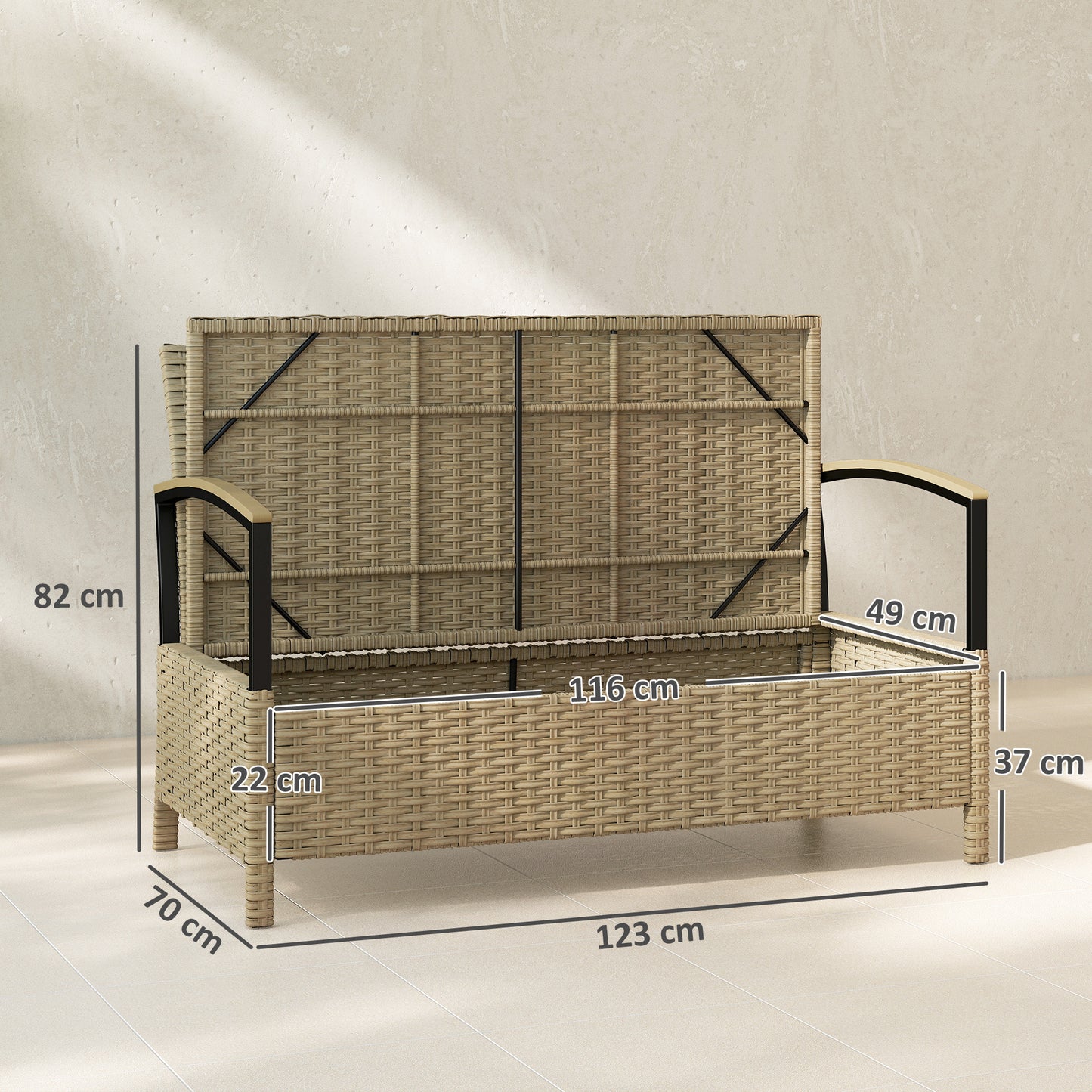 125L Garden Storage Bench, 2 Seater PE Rattan Outdoor Bench Storage