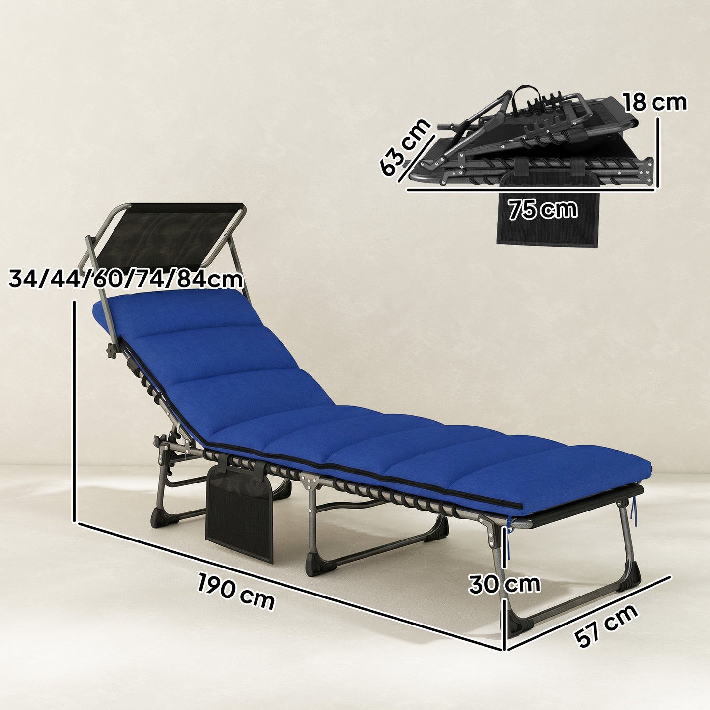 Folding Sun Lounger with Canopy, Reclining Sunbed with Cushion