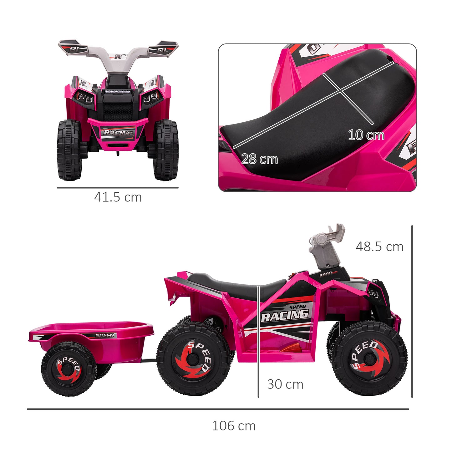6V Quad Bike with Back Trailer, Wear-Resistant Wheels
