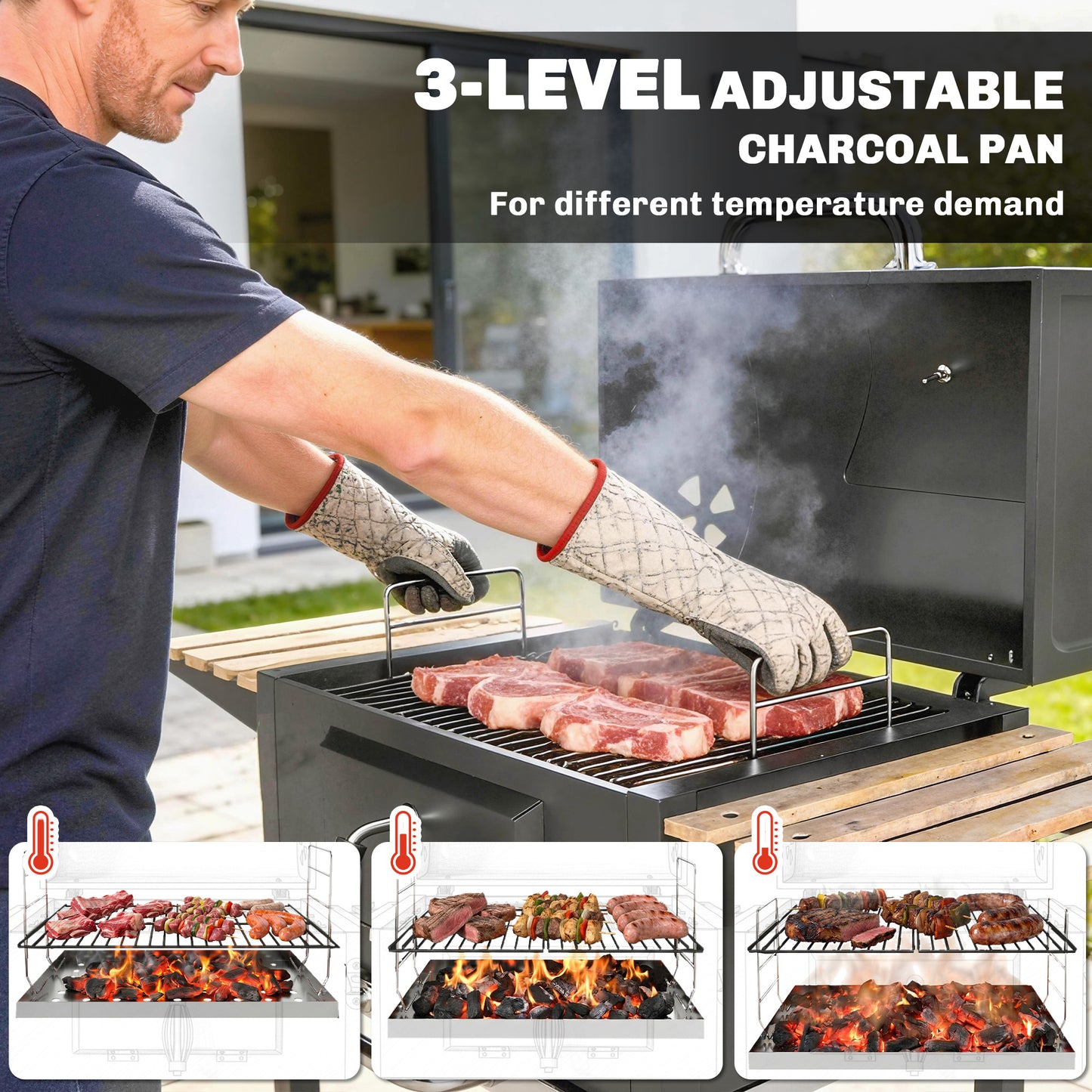 Charcoal BBQ Grill with Height Adjustable Charcoal Pan