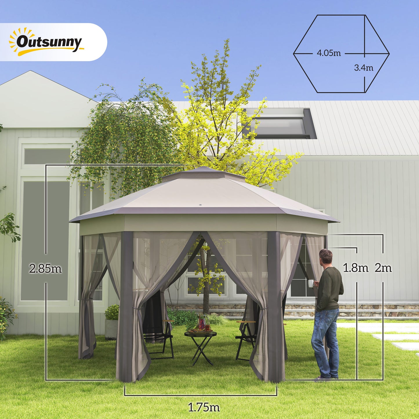 3 x 4m Garden Gazebo Hexagon Pop Up Gazebo Party Tent Canopy Double