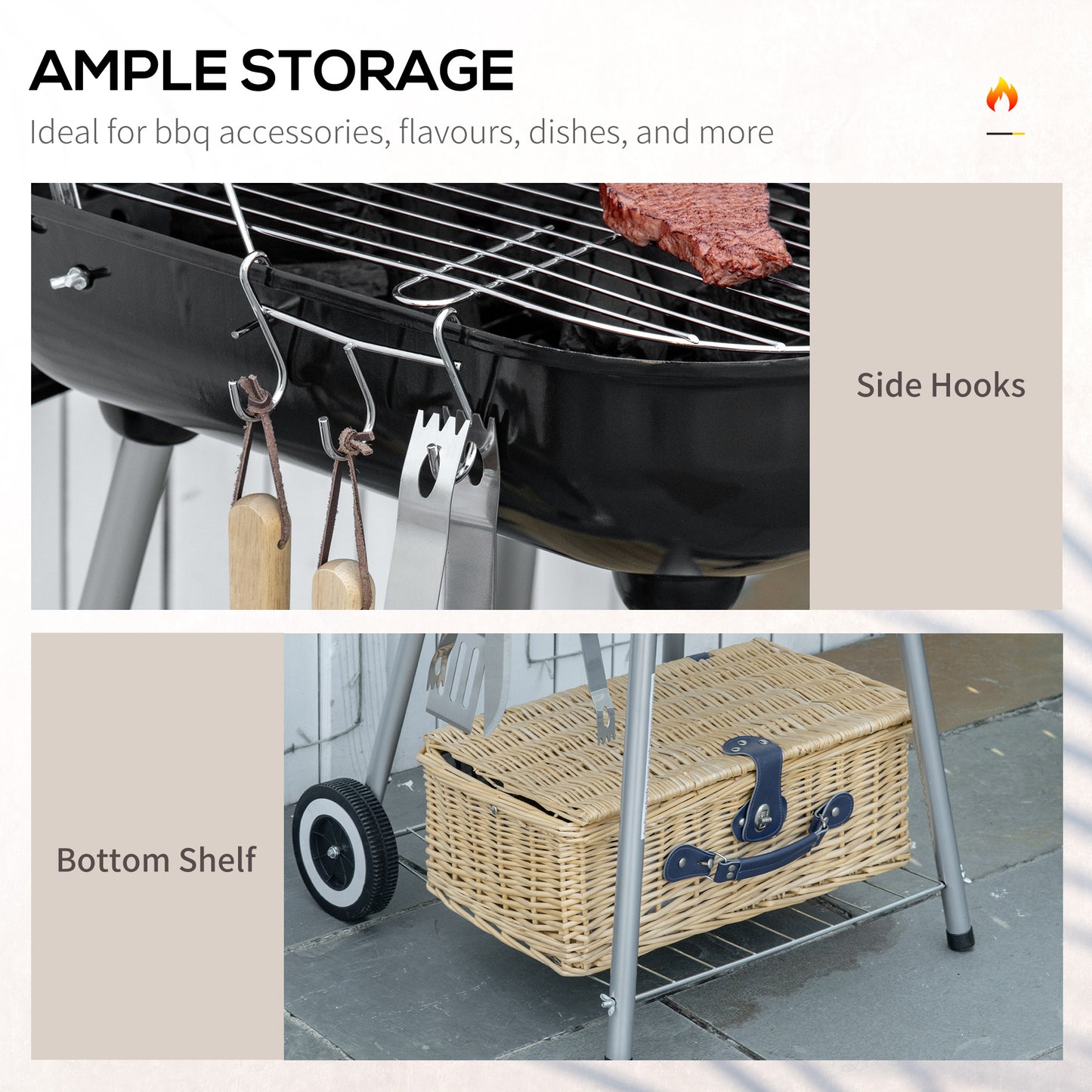 Portable BBQ Charcoal Grill with 2 Wheels and Cooking Utensils