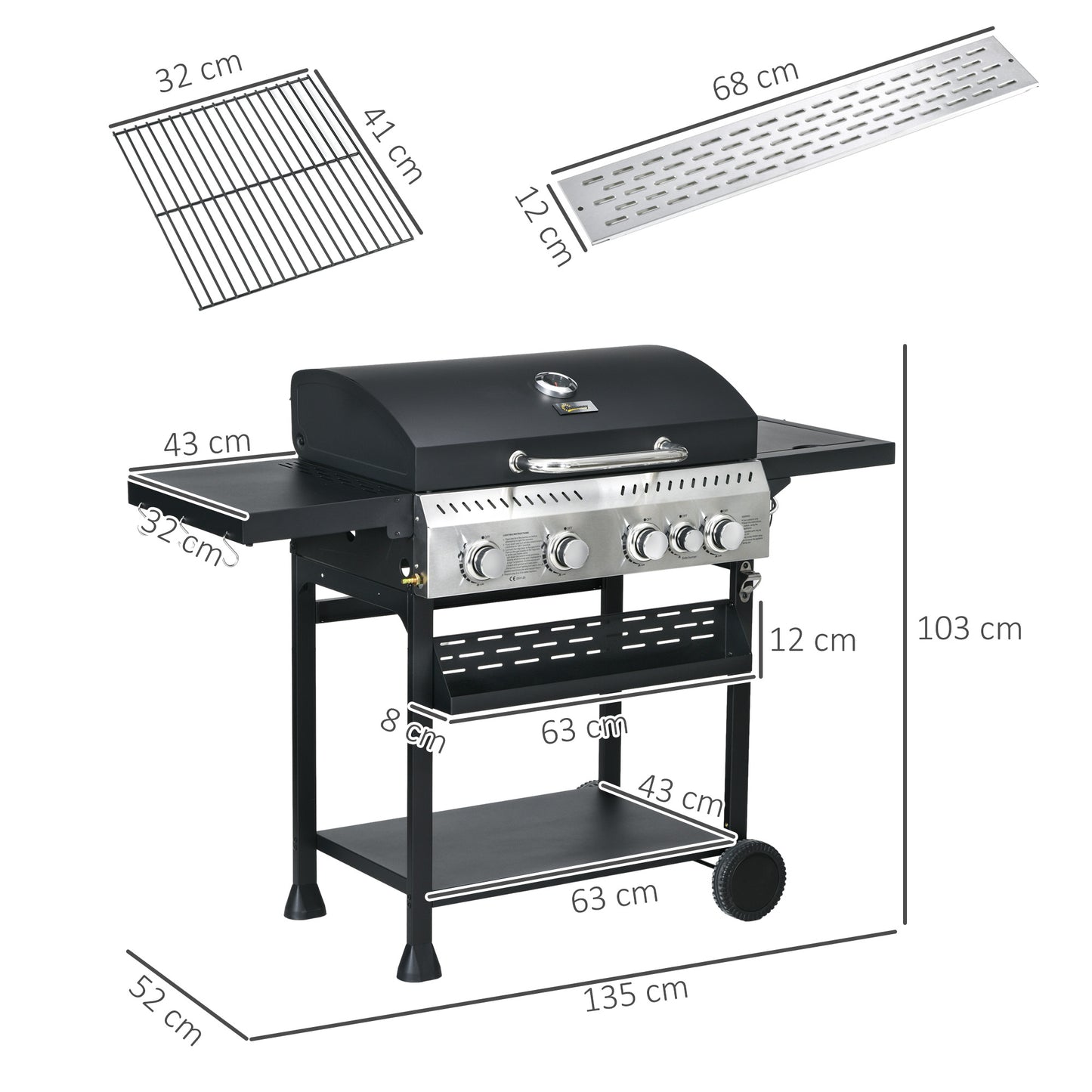 Five-Burner Steel Gas Grill, with Thermometer