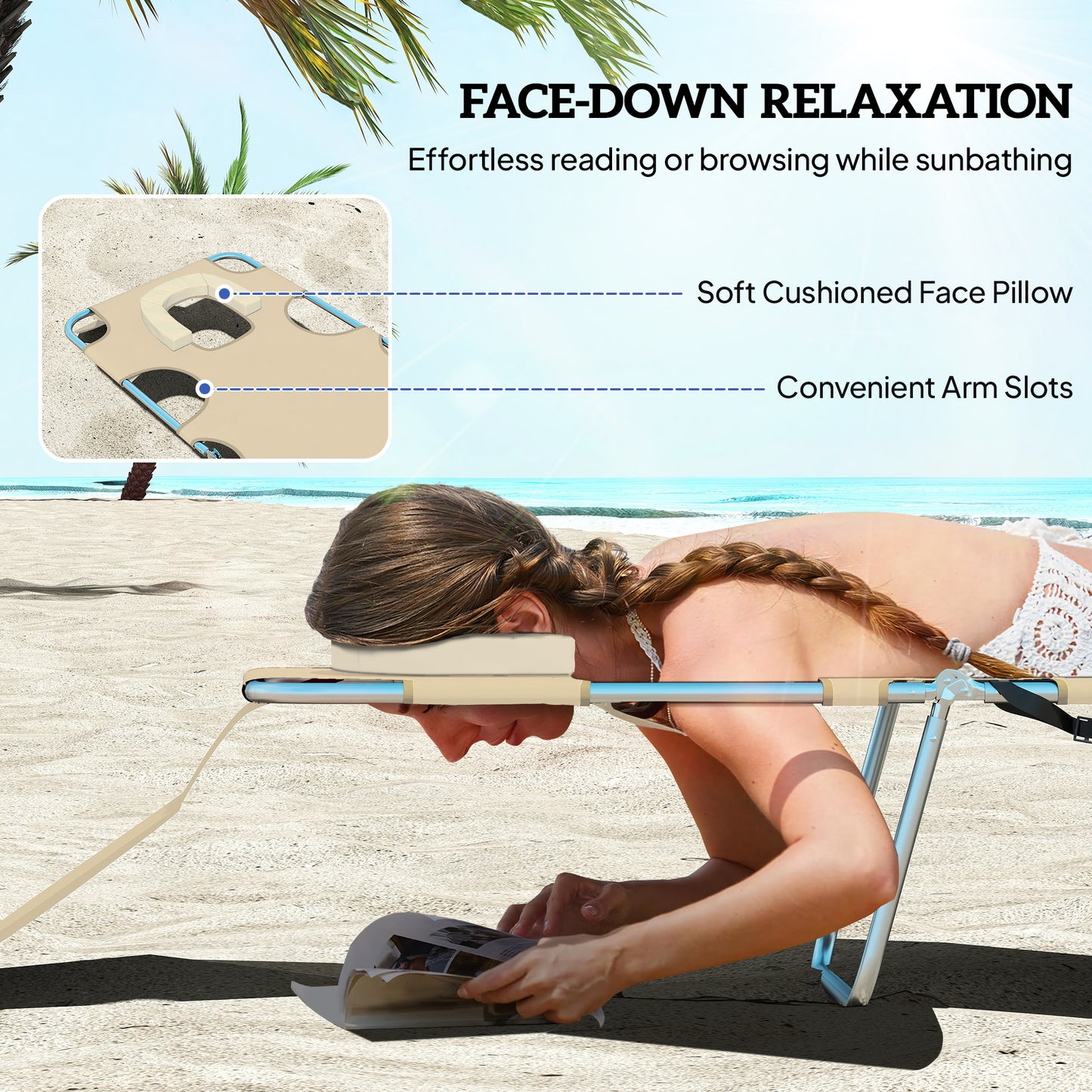 Foldable Sun Lounger, Beach Chaise Lounge with Reading Hole