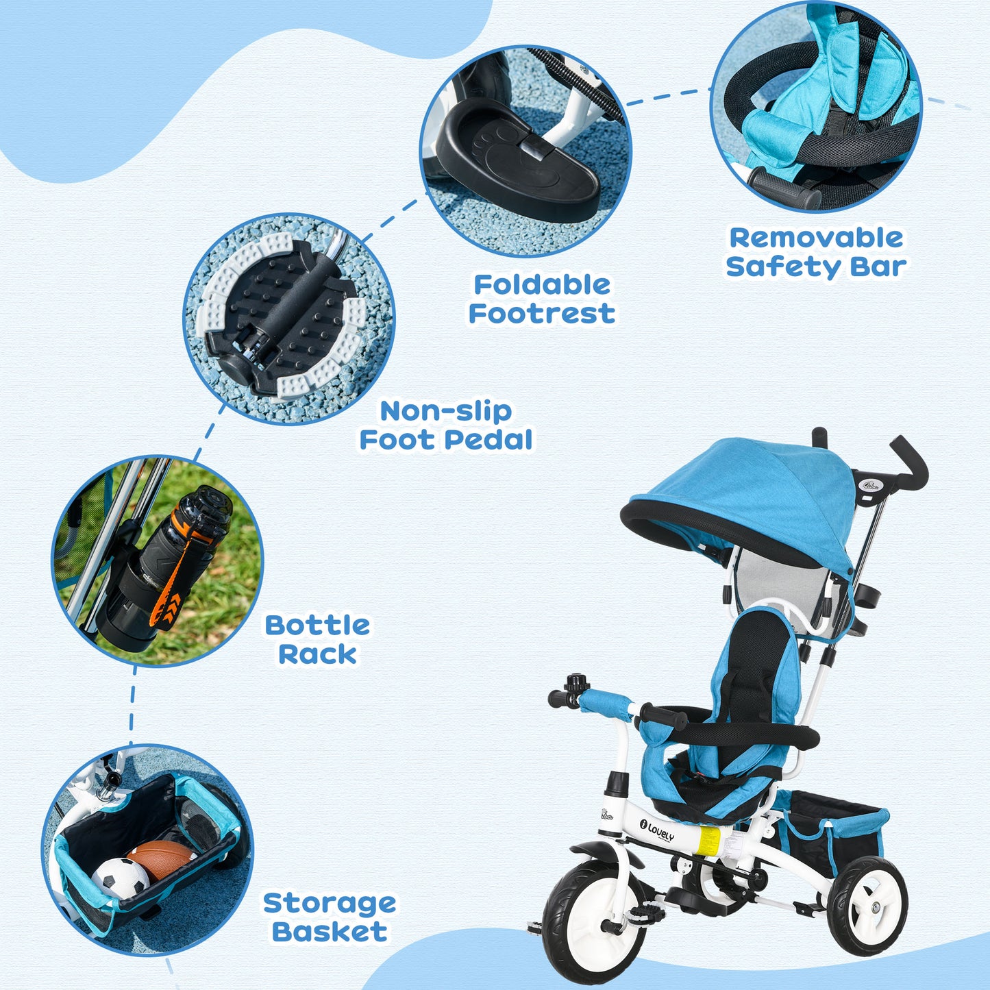 6 in 1 Kids Trike Push Bike w/ Push Handle, Canopy
