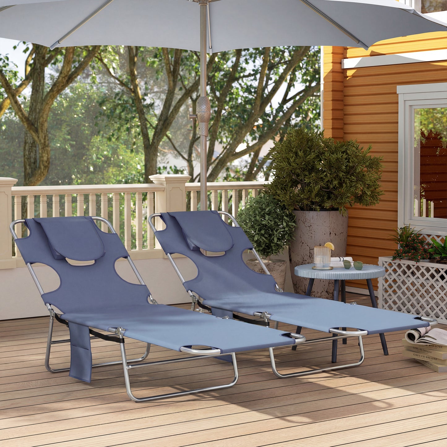 5-Position Adjustable Sun Loungers Set of 2 with Reading Hole