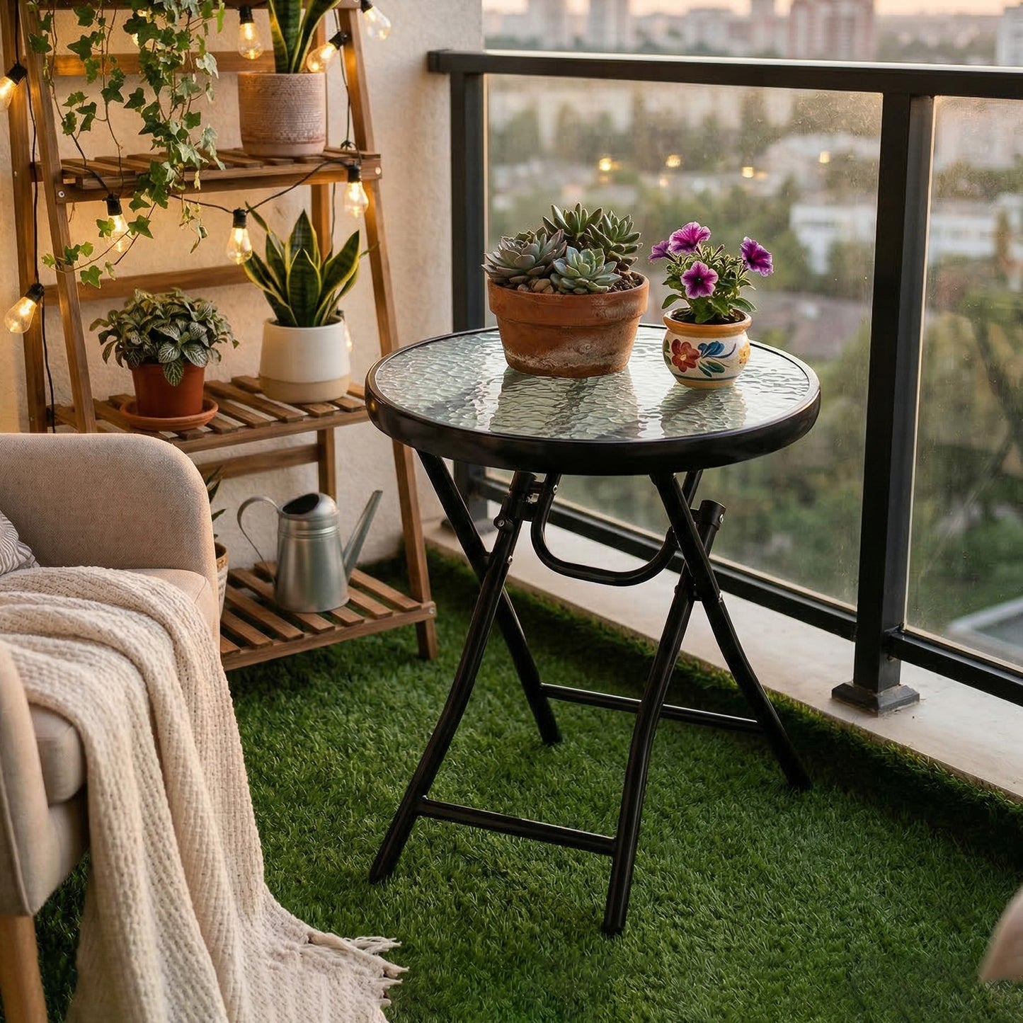 Foldable Garden Table, Round Folding Table with Glass Tabletop