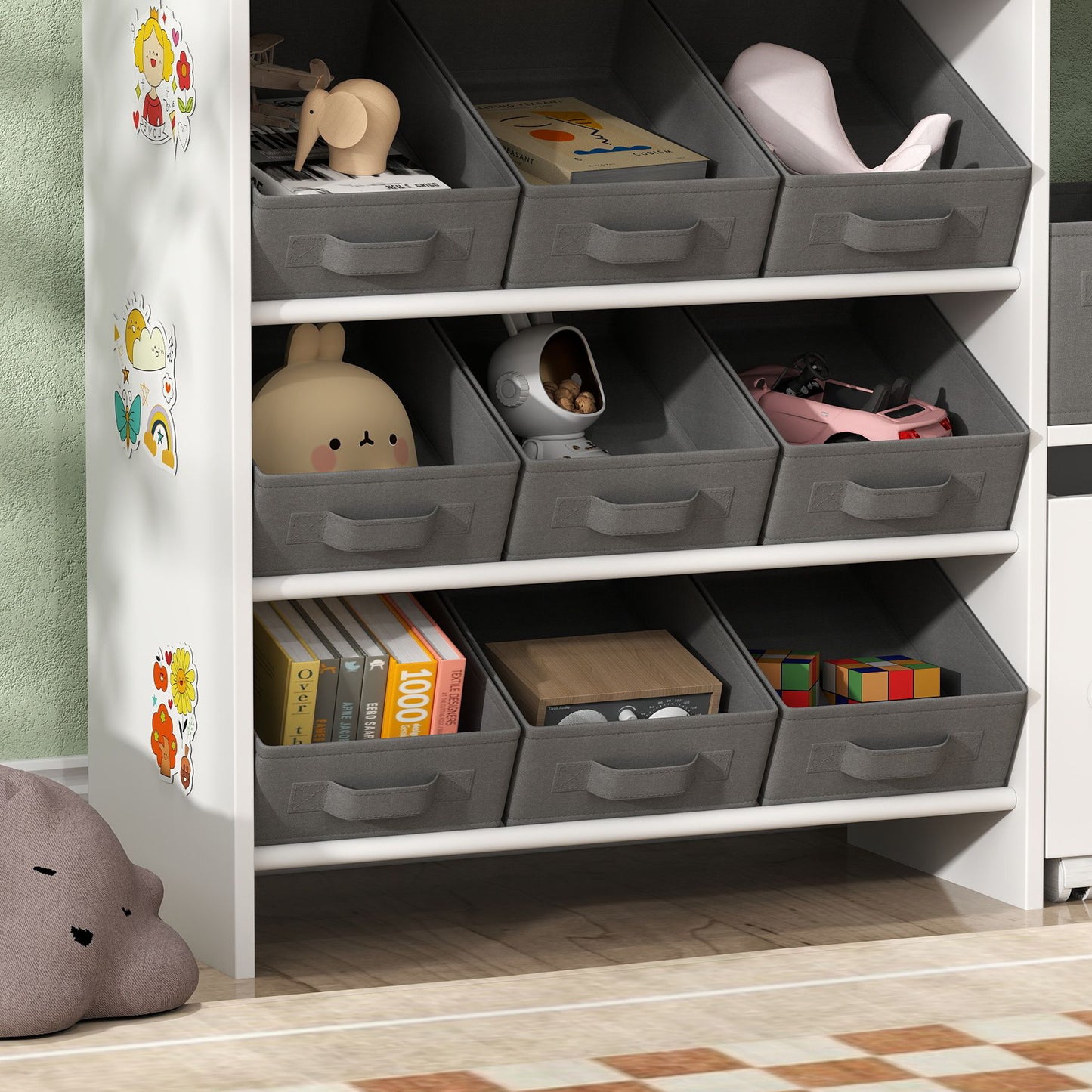 Kids Toy Storage Unit with 11 Bins, Cabinet, Top Shelves, 3 Stickers