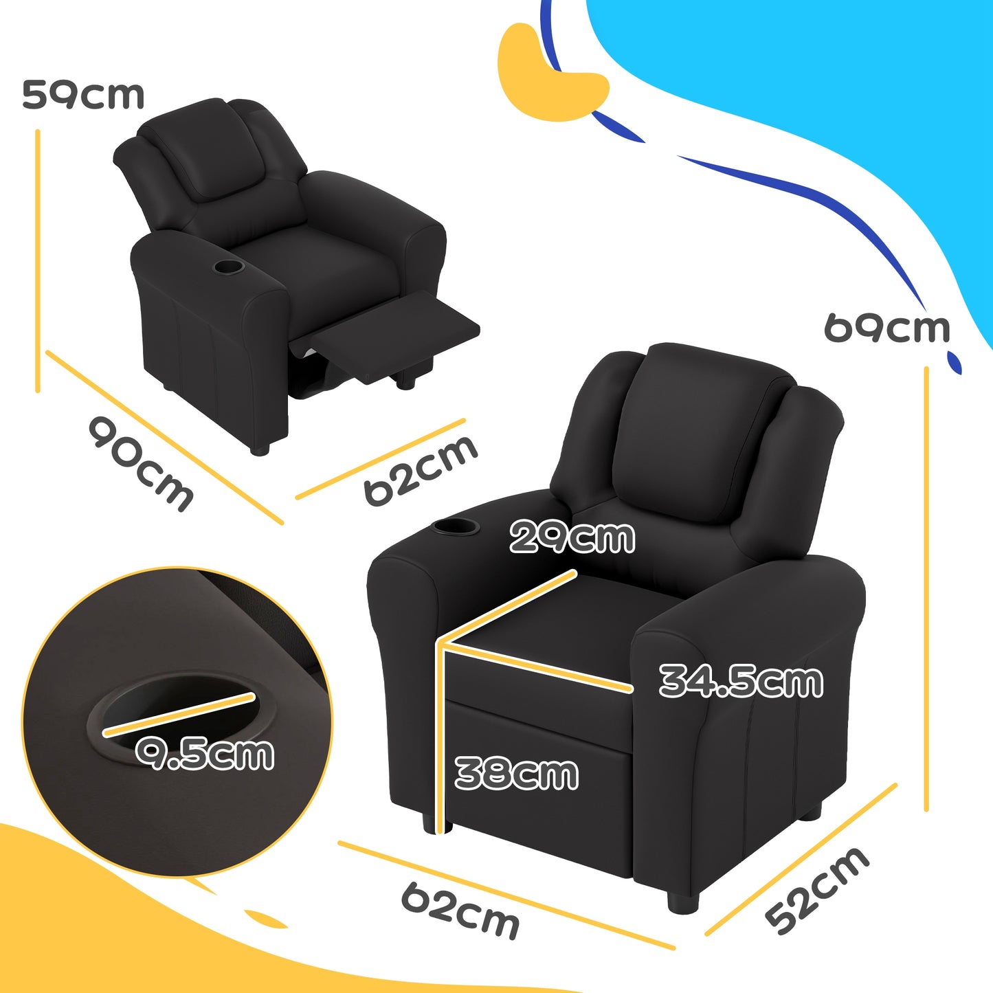 Kids Recliner Chair, PU Leather with Adjustable Backrest, Footrest