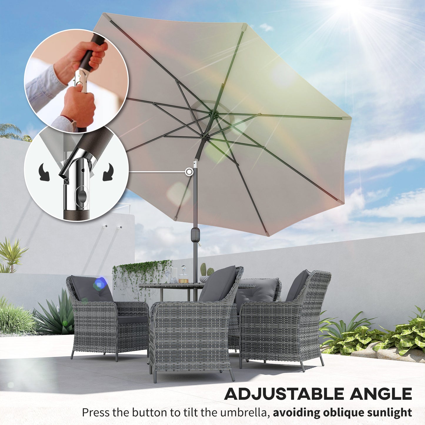 3(m) Tilting Parasol Garden Umbrellas, Outdoor Sun Shade with 8 Ribs