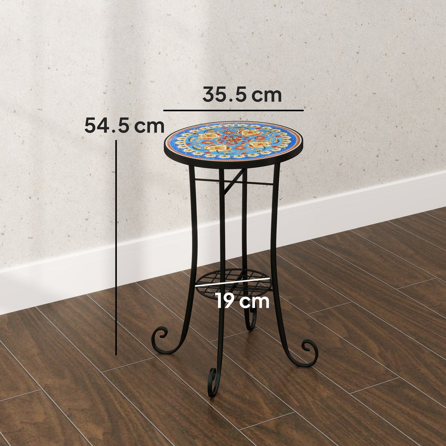 Mosaic Garden Table, 35.5 cm Round Outdoor Table with Shelf