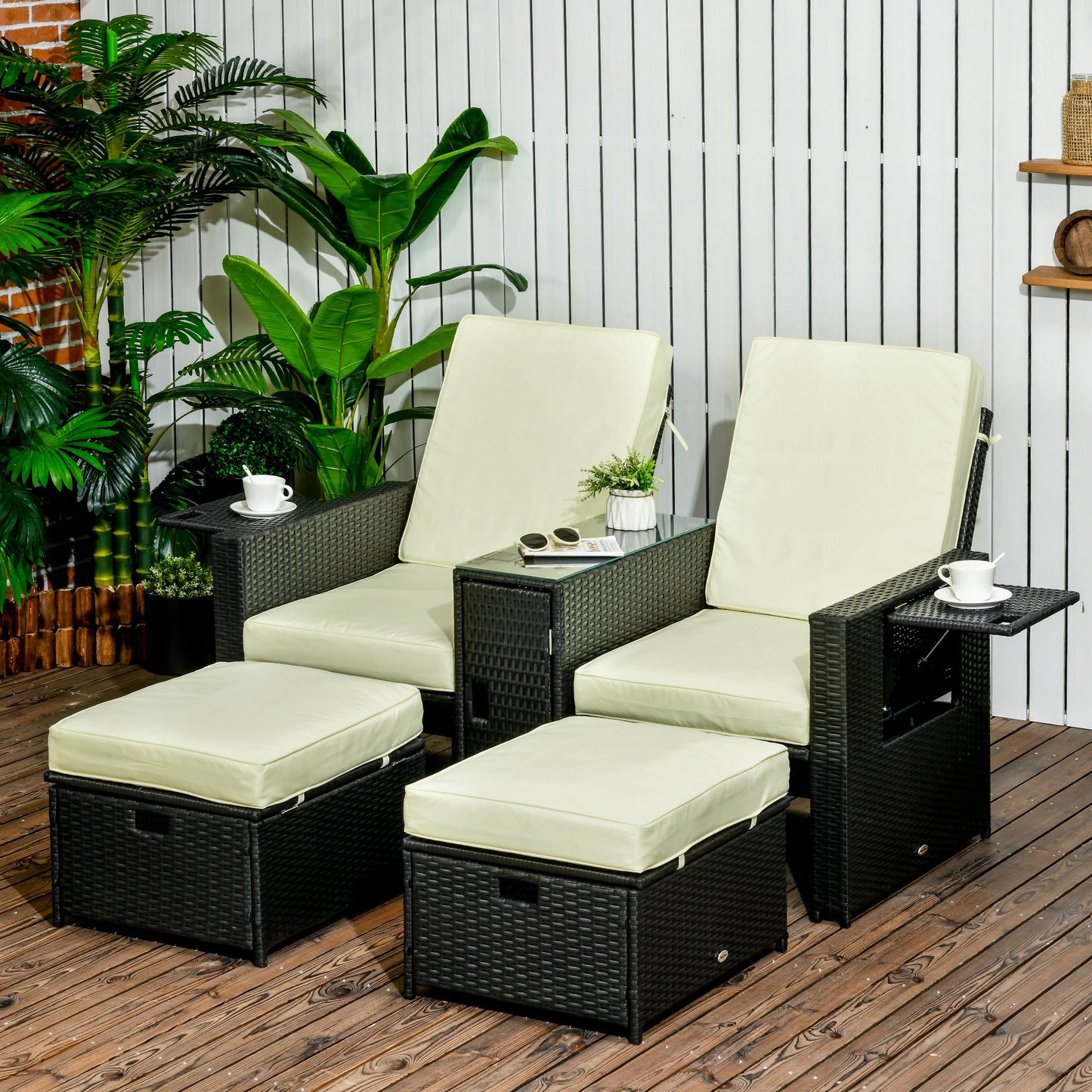5PC PE Rattan Sun Lounger, Outdoor Wicker 5-level Adjustable