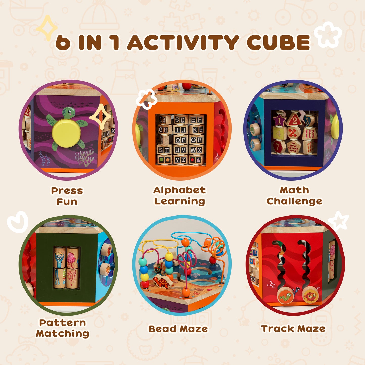Wooden Activity Cube, Baby Toys with Bead Maze
